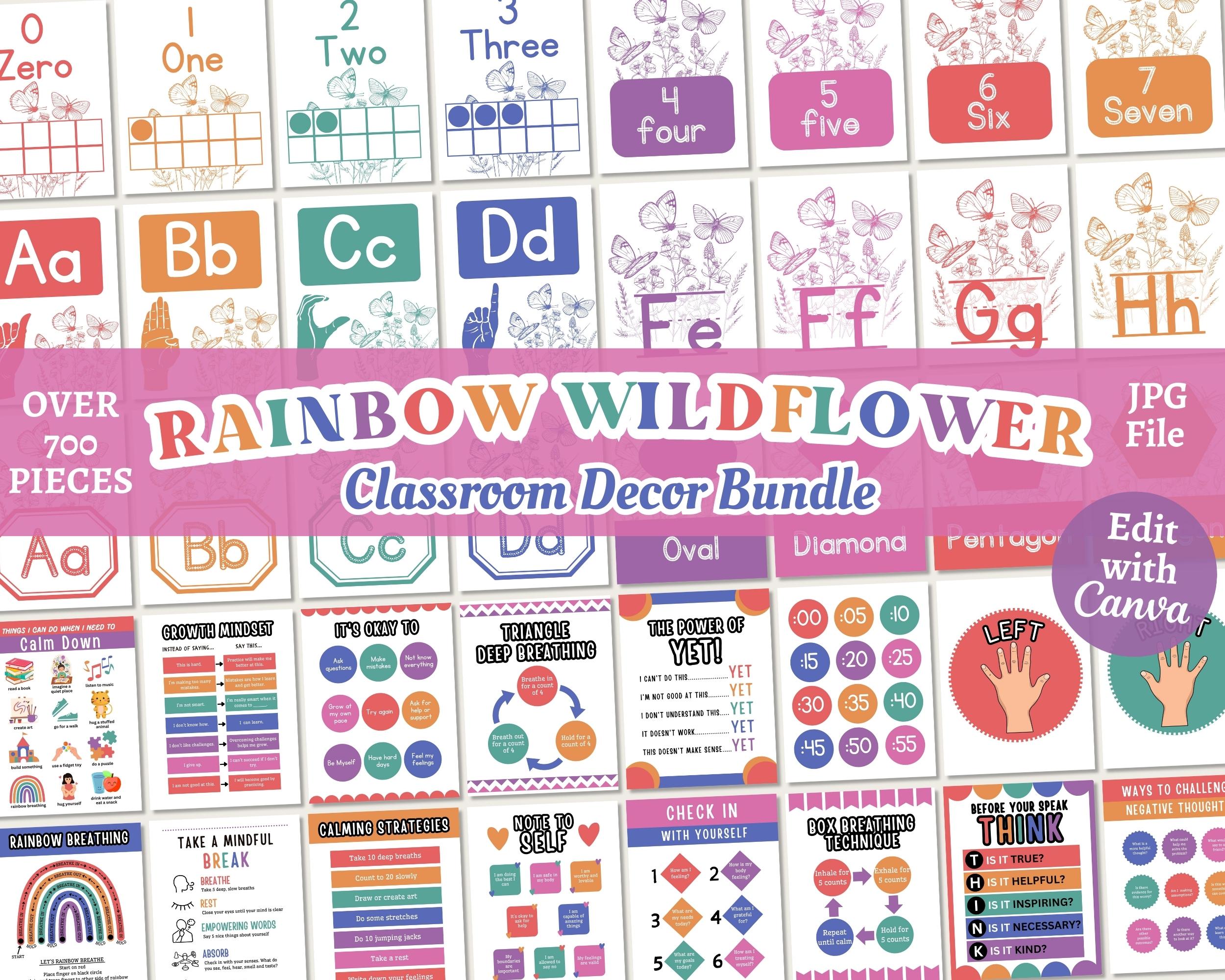 Rainbow Wildflower Classroom Decor Bundle: Editable Canva Templates (Digital Download), Floral Butterfly Teacher Room Theme