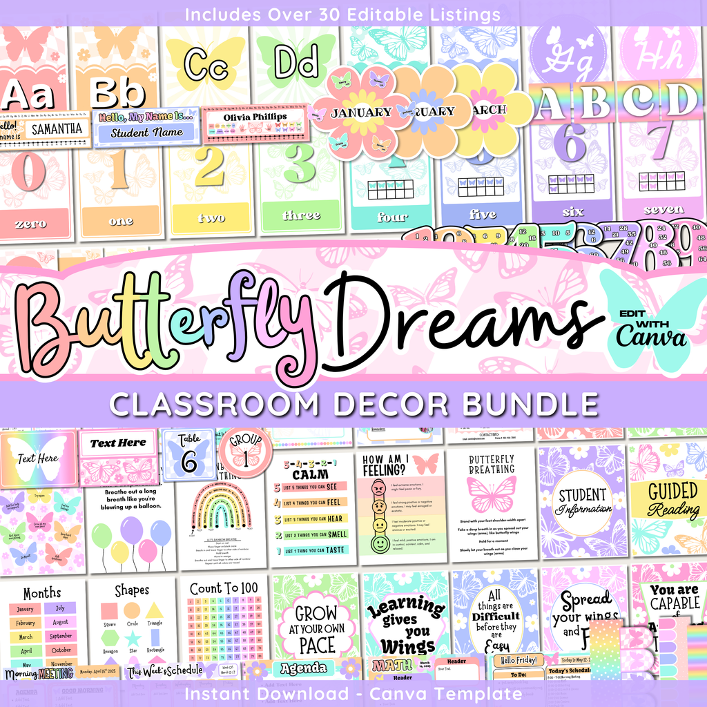 Butterfly Classroom Decor Bundle: Pastel Floral Butterfly Theme, Editable Canva Template, Printable Digital Download
