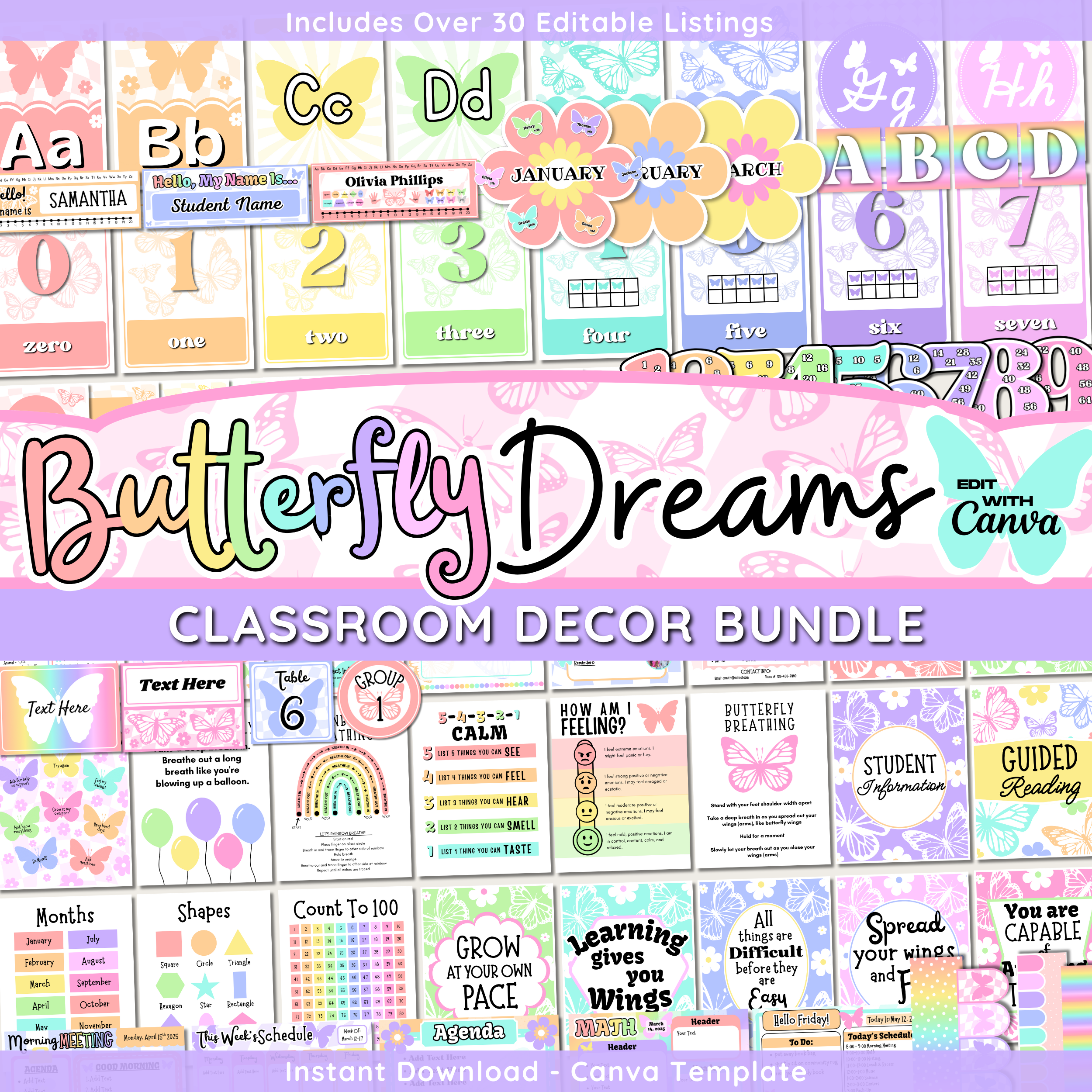Butterfly Classroom Decor Bundle: Pastel Floral Butterfly Theme, Editable Canva Template, Printable Digital Download