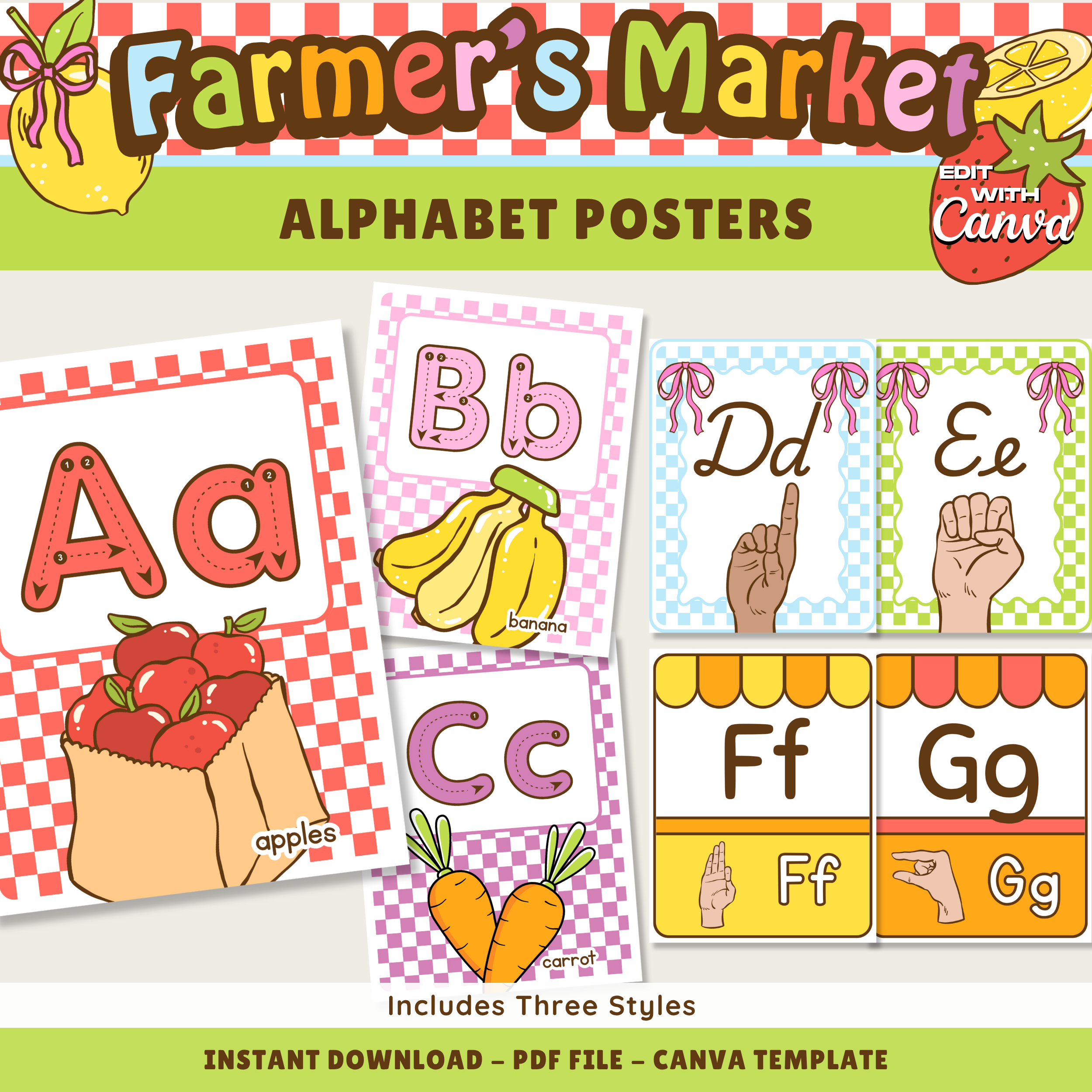 ASL Printable Alphabet Posters: A-Z Picture & Words Prints, Farmer's Market Theme, Editable Canva Template (Digital Download)