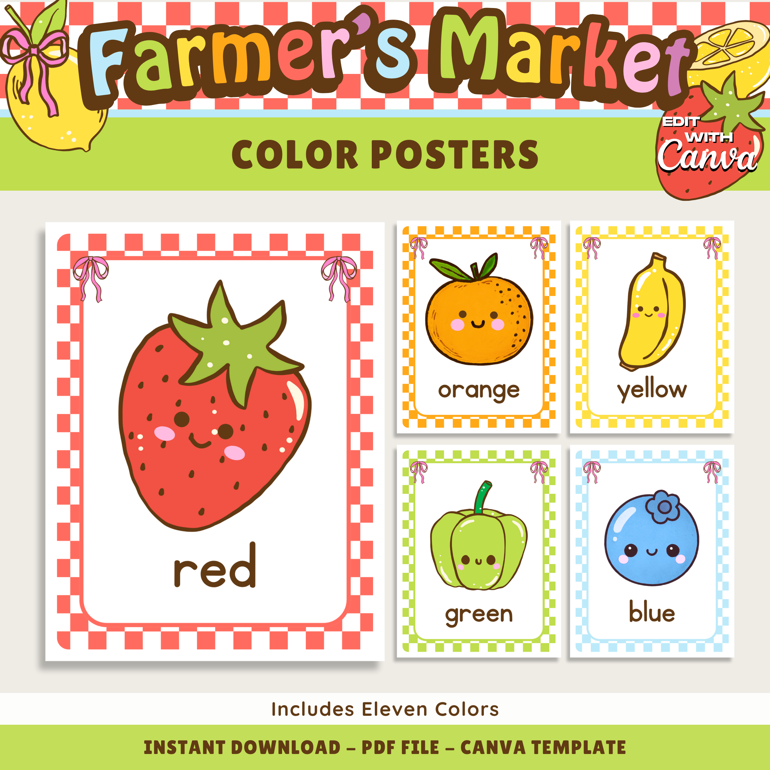 Fruit Printable Color Posters: Farmer's Market Classroom Decor Theme, Editable Canva Template (Digital Download)