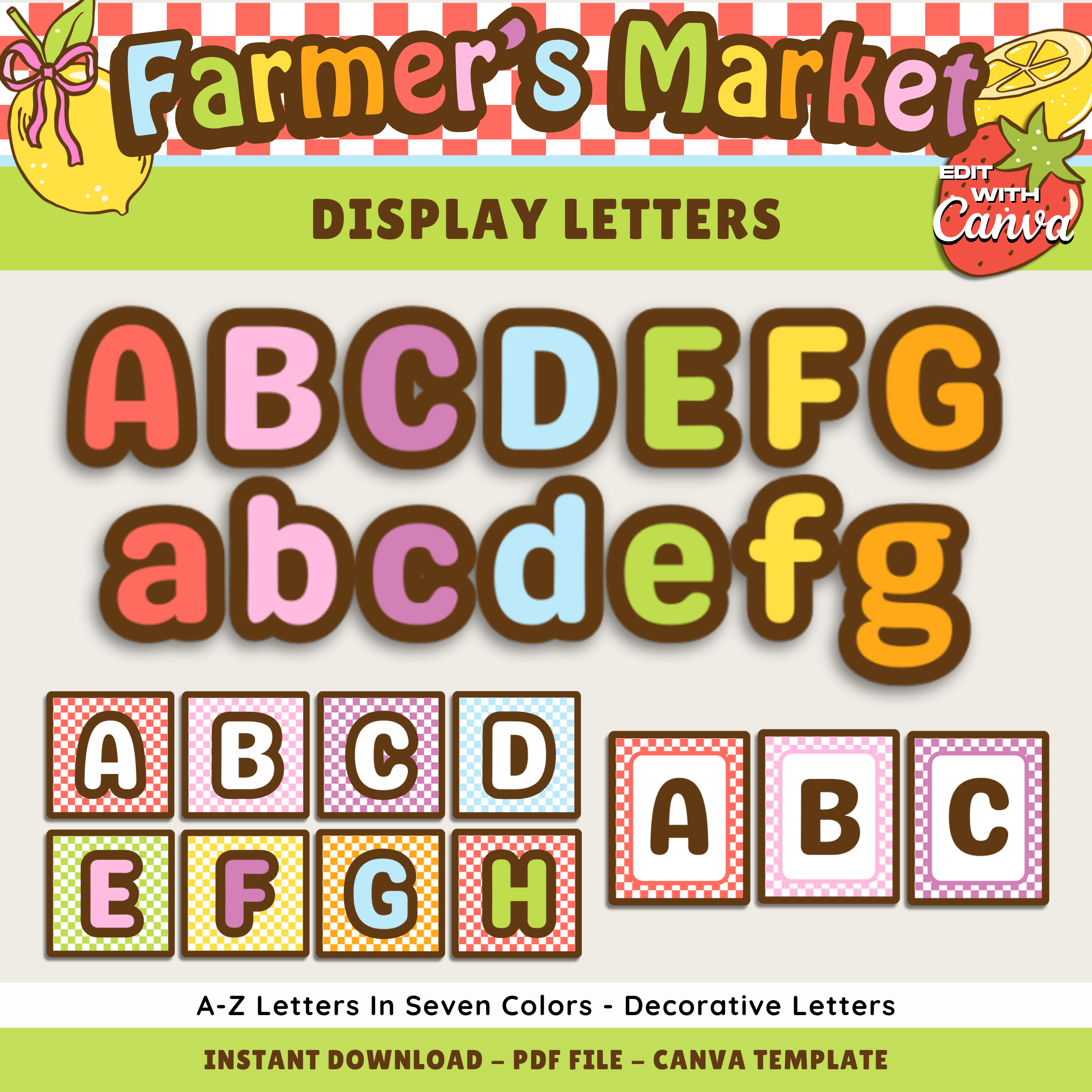 Bright Printable Display Bulletin Board Letters: Farmer's Market Decor Theme, Editable Canva Template (Digital Download)