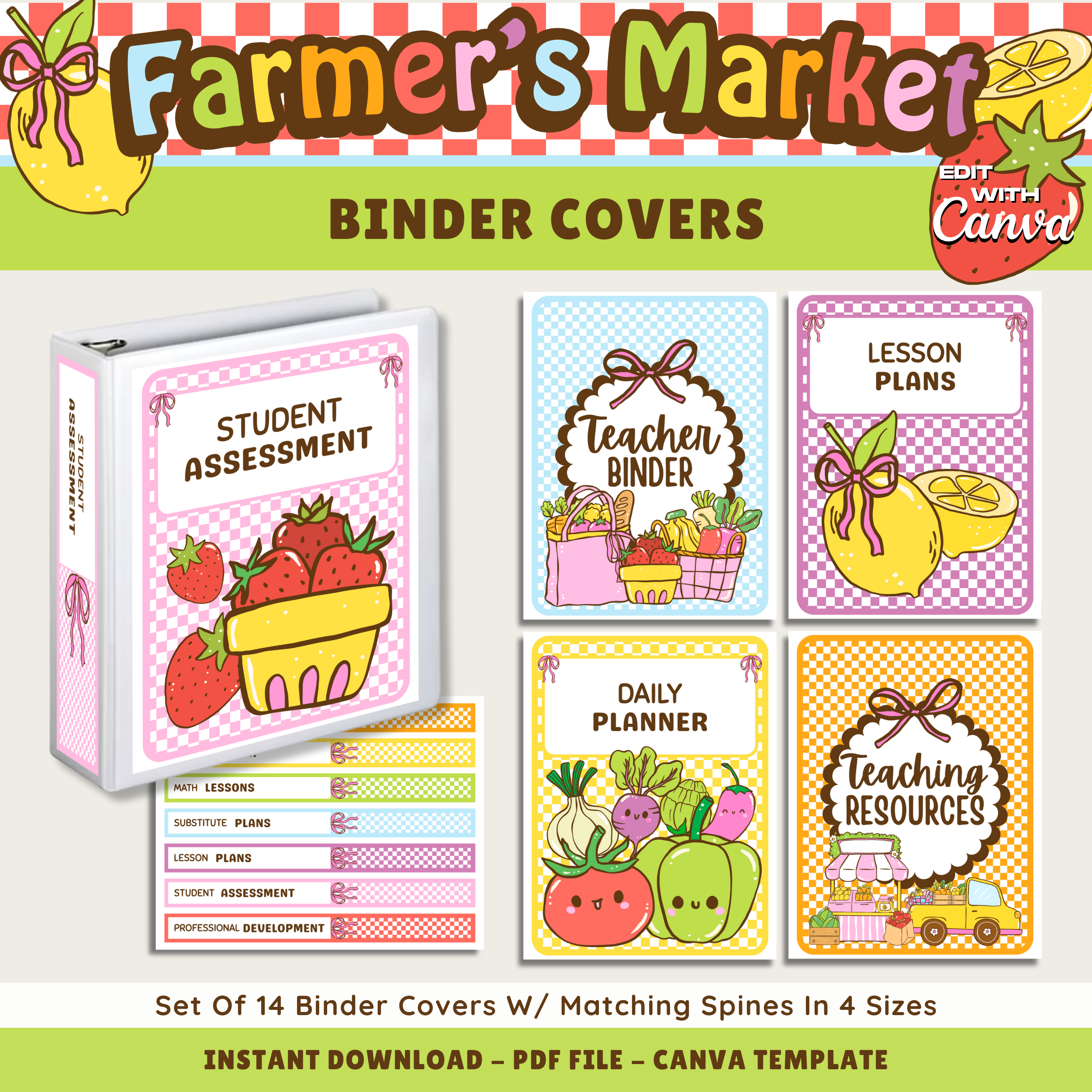 Printable Binder Covers & Spines, Farmer's Market Classroom Decor Theme, Editable Template (Digital Download)