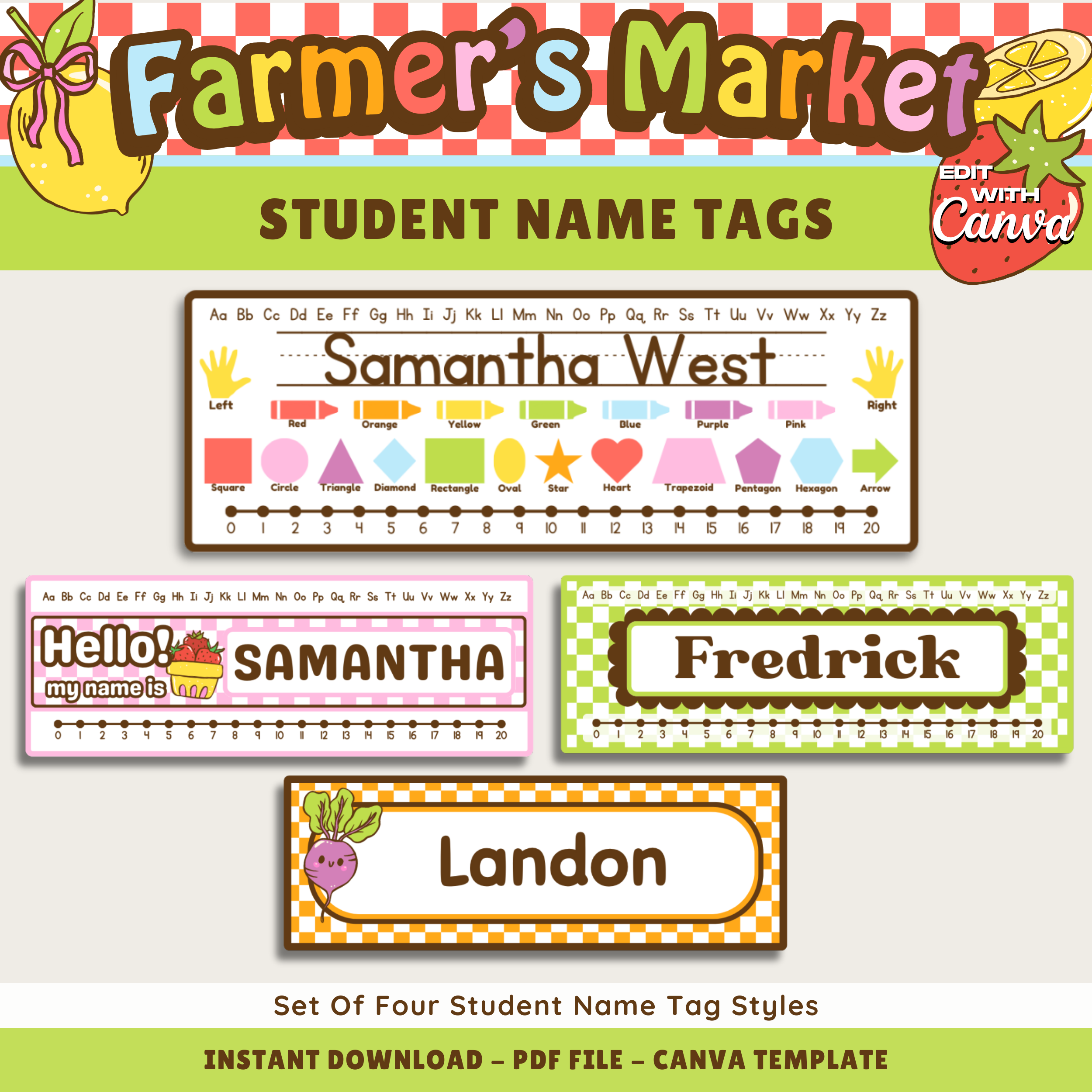 Printable Student Name Desk Tag Plates: Elementary Kids Desk Labels, Farmer's Market Classroom Decor Theme, Editable Template (Digital Download)