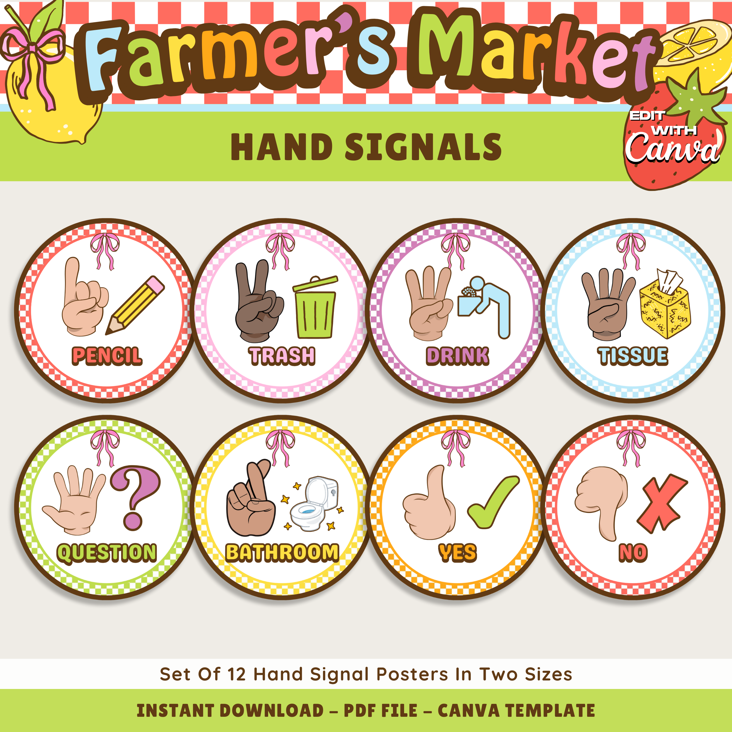 Printable Hand Signal Posters: Farmer's Market Classroom Decor Theme, Editable Canva Template (Digital Download)