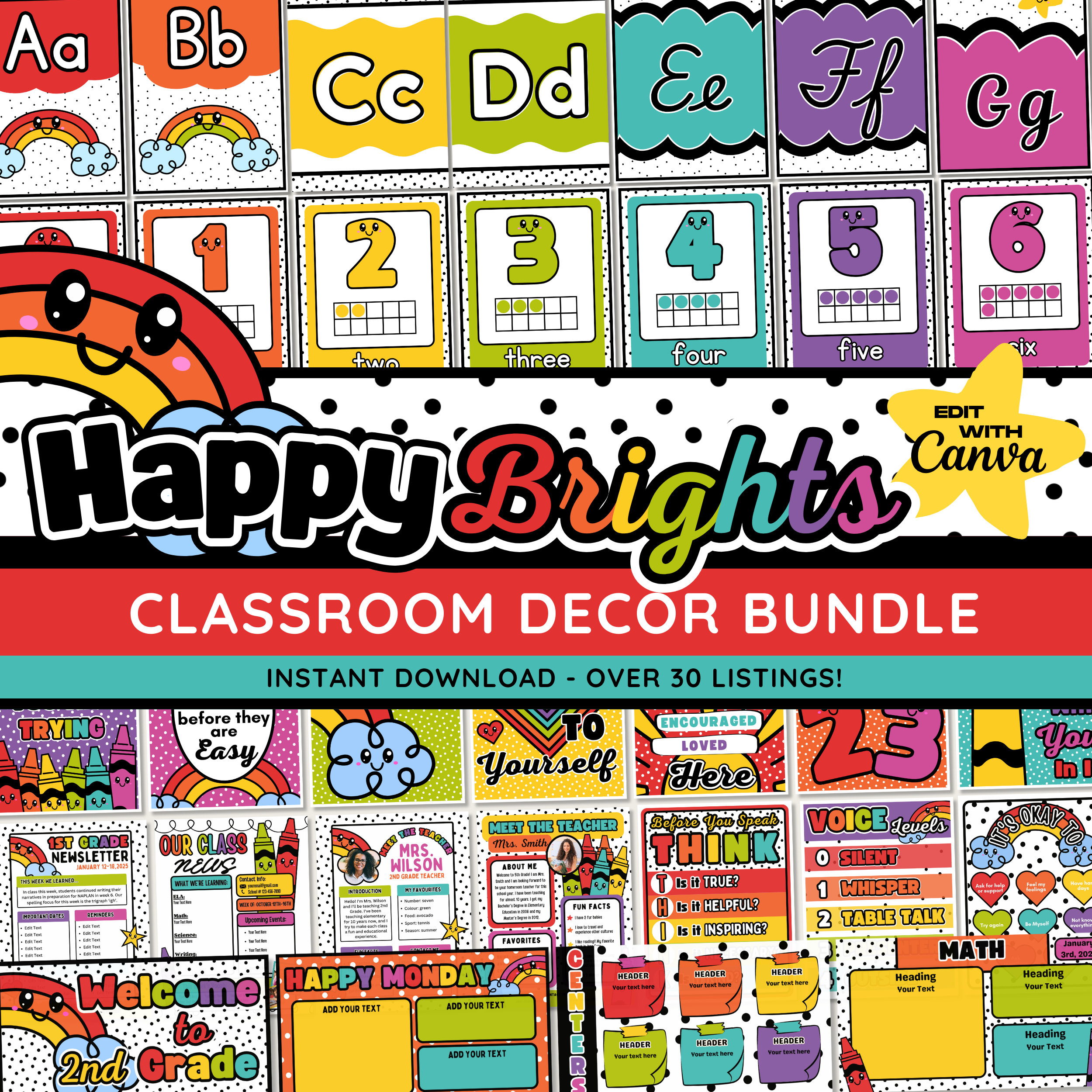 Bold Happy Rainbow Classroom Decor Bundle: Editable Printable Posters (Canva Template Digital Download), Happy Brights Teacher Decor Theme