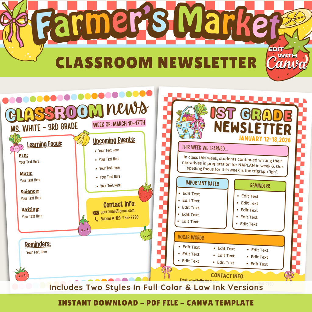 Printable Classroom Newsletter Editable Template: Farmer's Market School Decor Theme (Digital Download)