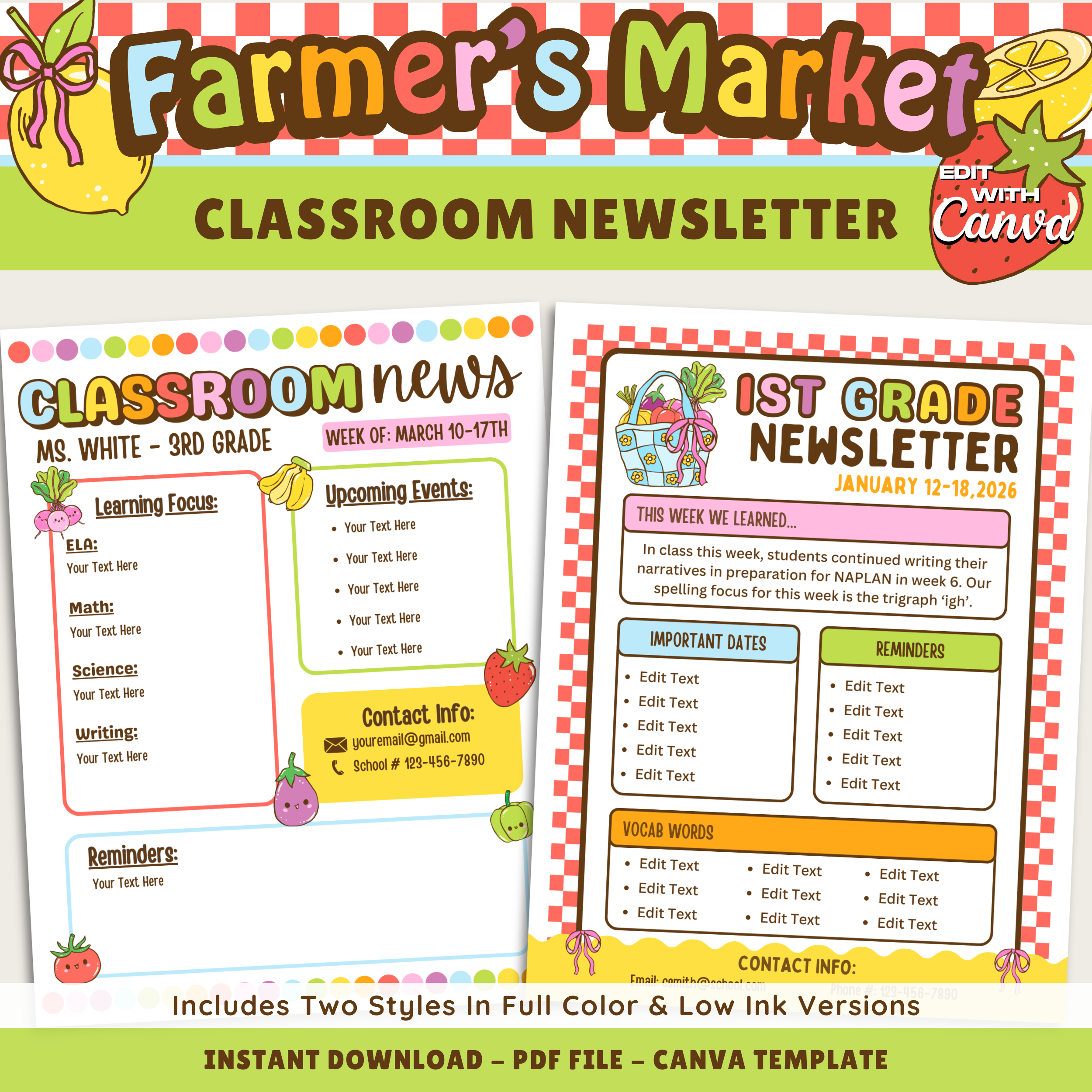 Printable Classroom Newsletter Editable Template: Farmer's Market School Decor Theme (Digital Download)