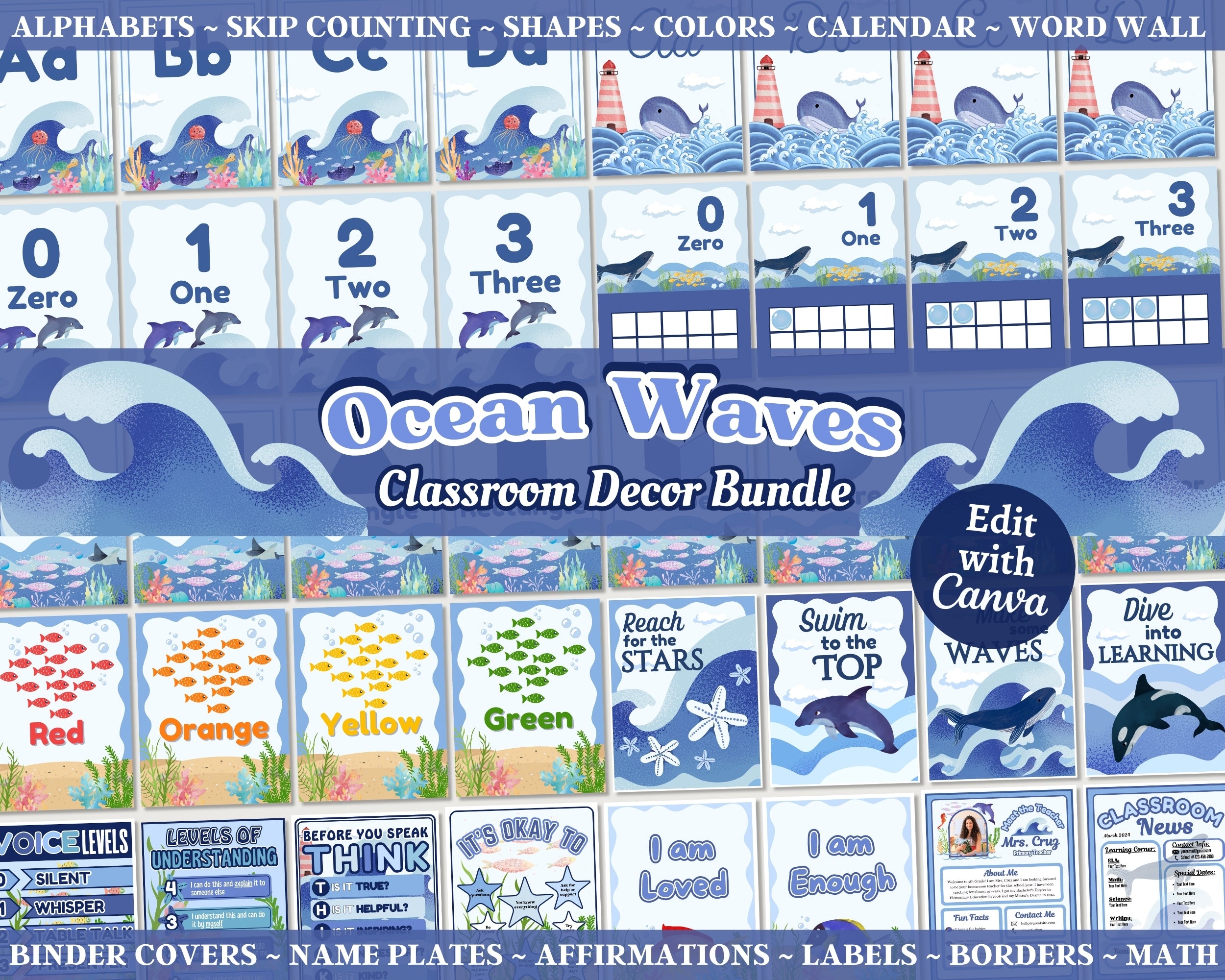 Ocean Theme Classroom Decor Bundle: Editable & Printable Educational Materials (Canva Template, Instant Download)
