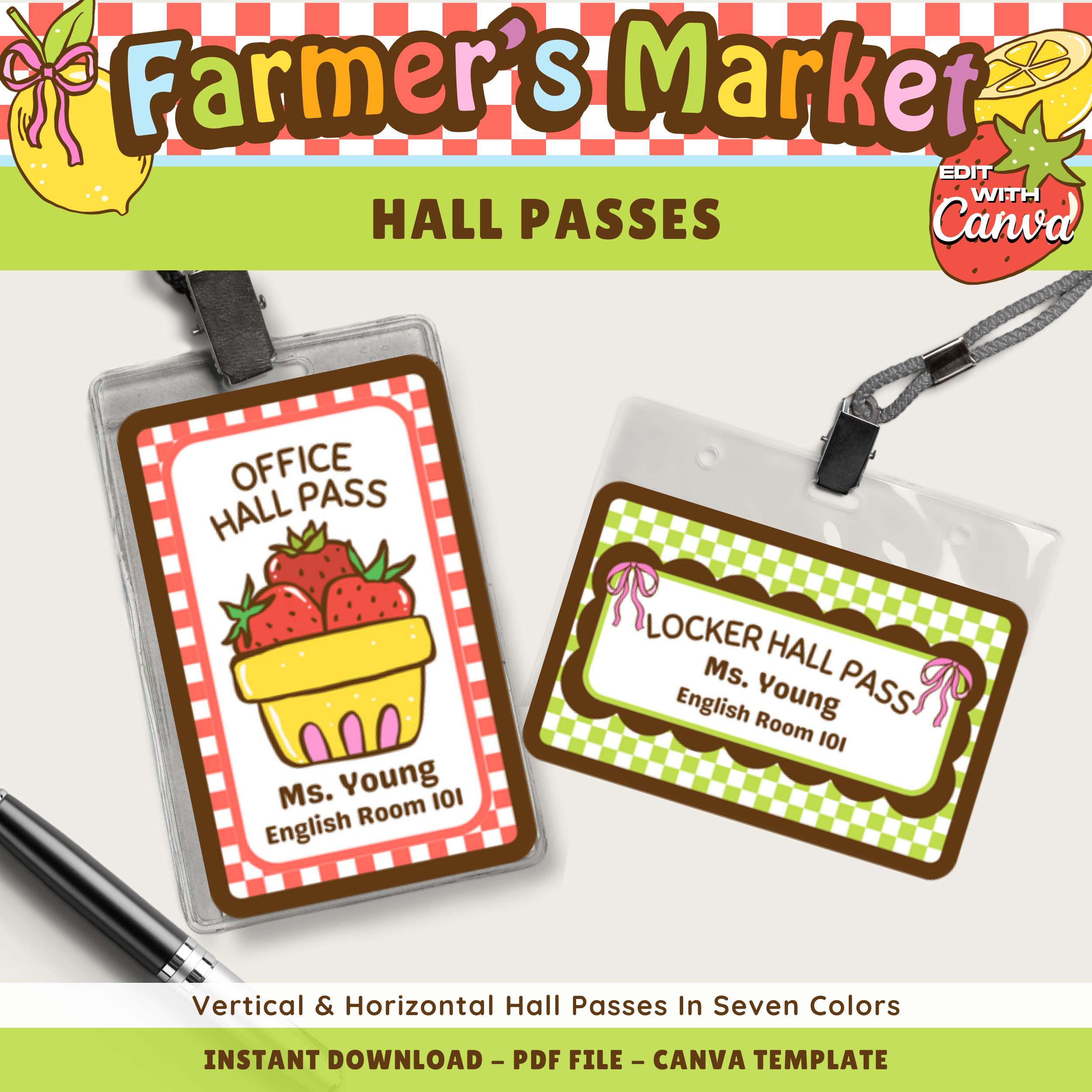 Printable Hall Passes: Farmer's Market Classroom Decor Theme, Editable Template (Digital Download)