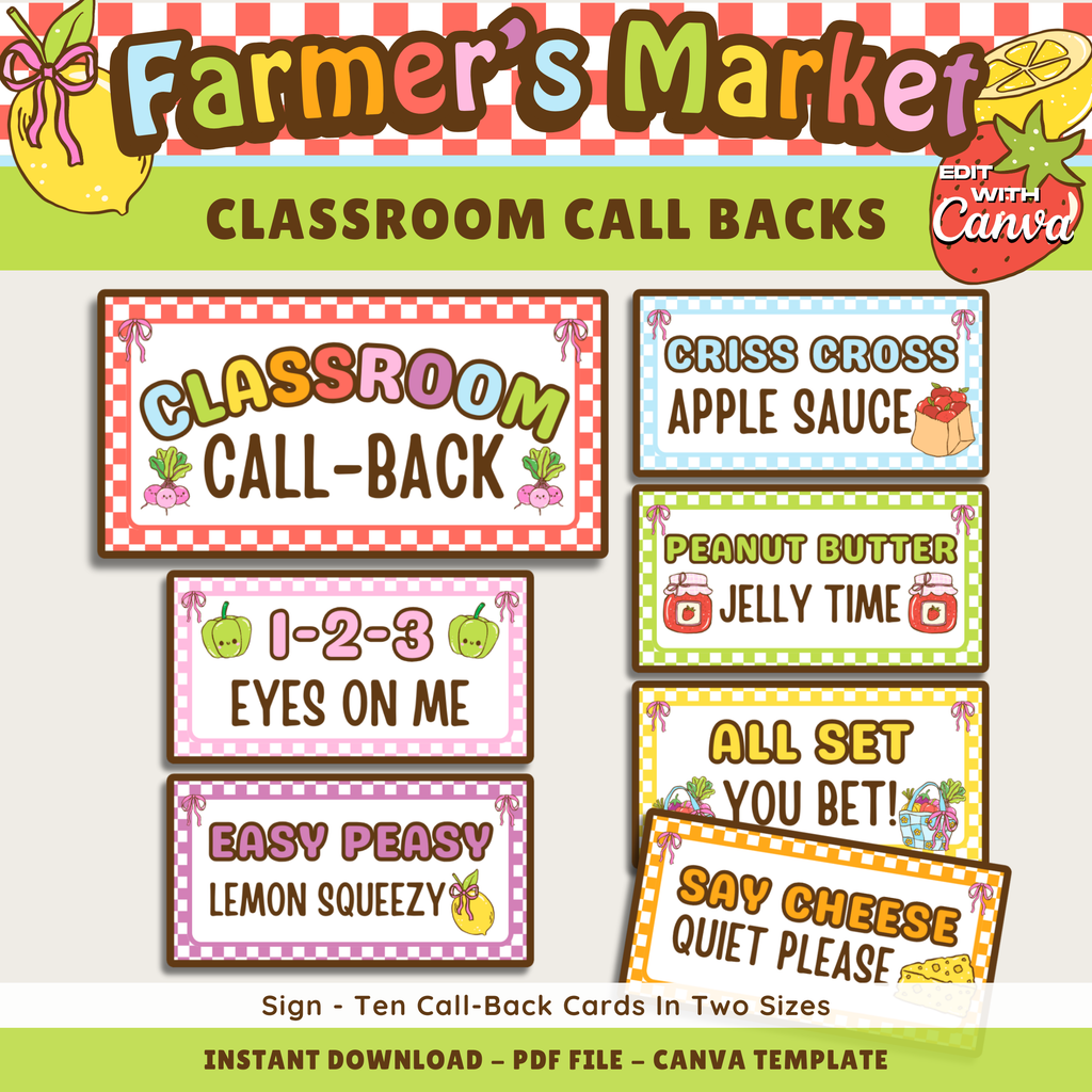 Classroom Teacher Call Backs: Call & Response Labels, Farmer's Market Decor Theme, Editable Canva Template (Digital Download)