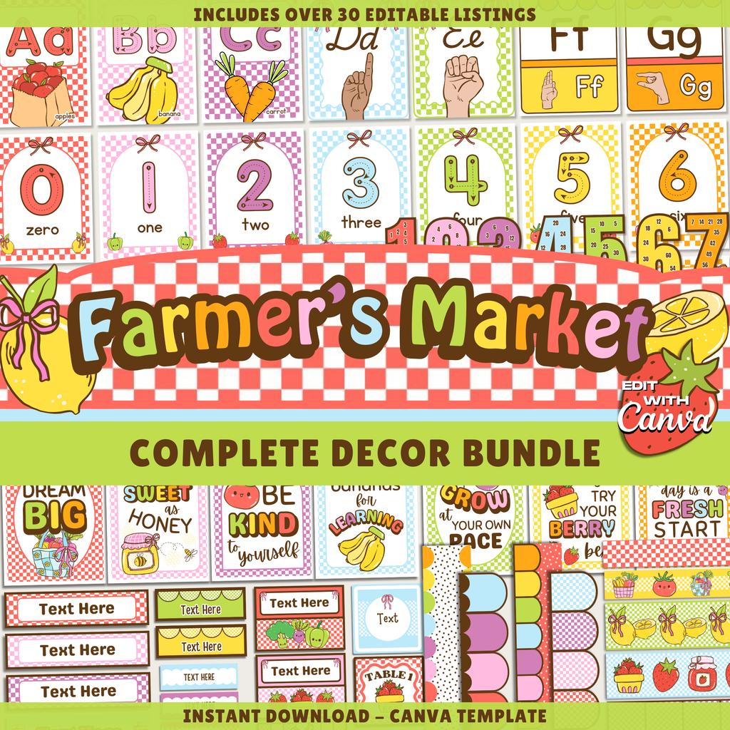 Editable Classroom Farmer's Market Printable Decor Bundle: School Display Kits, Canva Template (Digital Download), Fruit & Veggie Teacher Theme