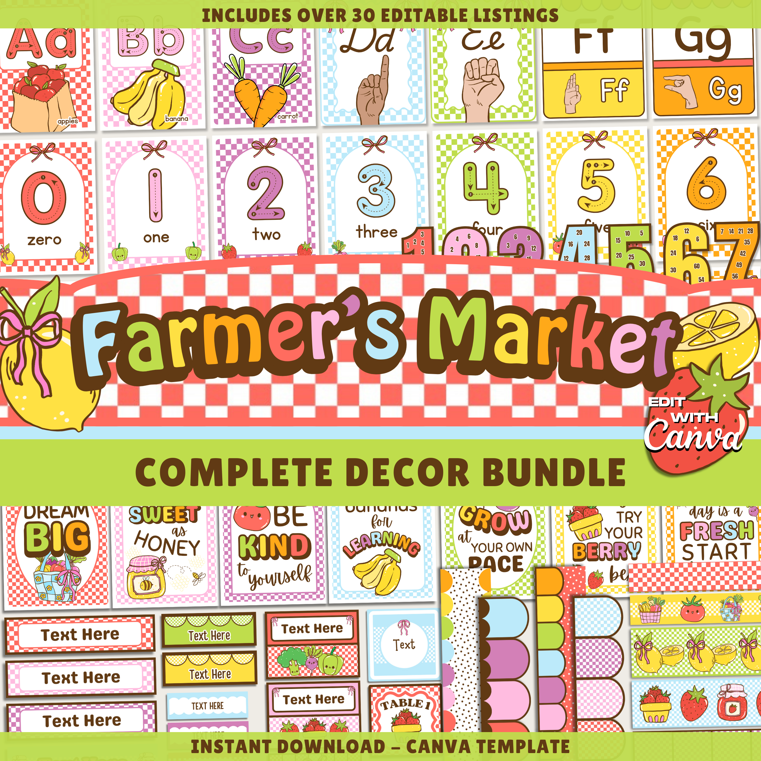 Editable Classroom Farmer's Market Printable Decor Bundle: School Display Kits, Canva Template (Digital Download), Fruit & Veggie Teacher Theme