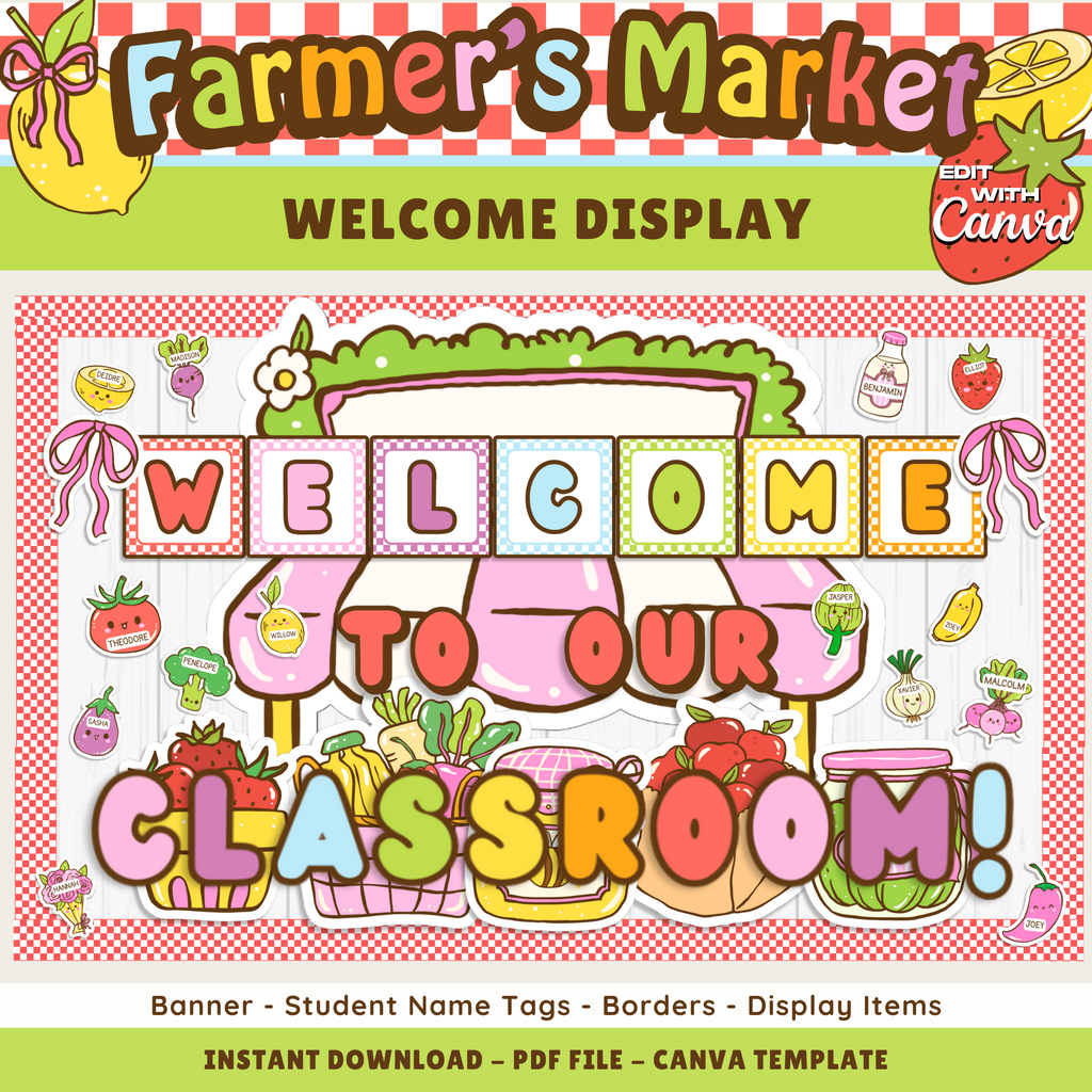 Welcome Bulletin Board Printable Display: Farmer's Market Teacher Door Kit, Editable Canva Template (Digital Download)