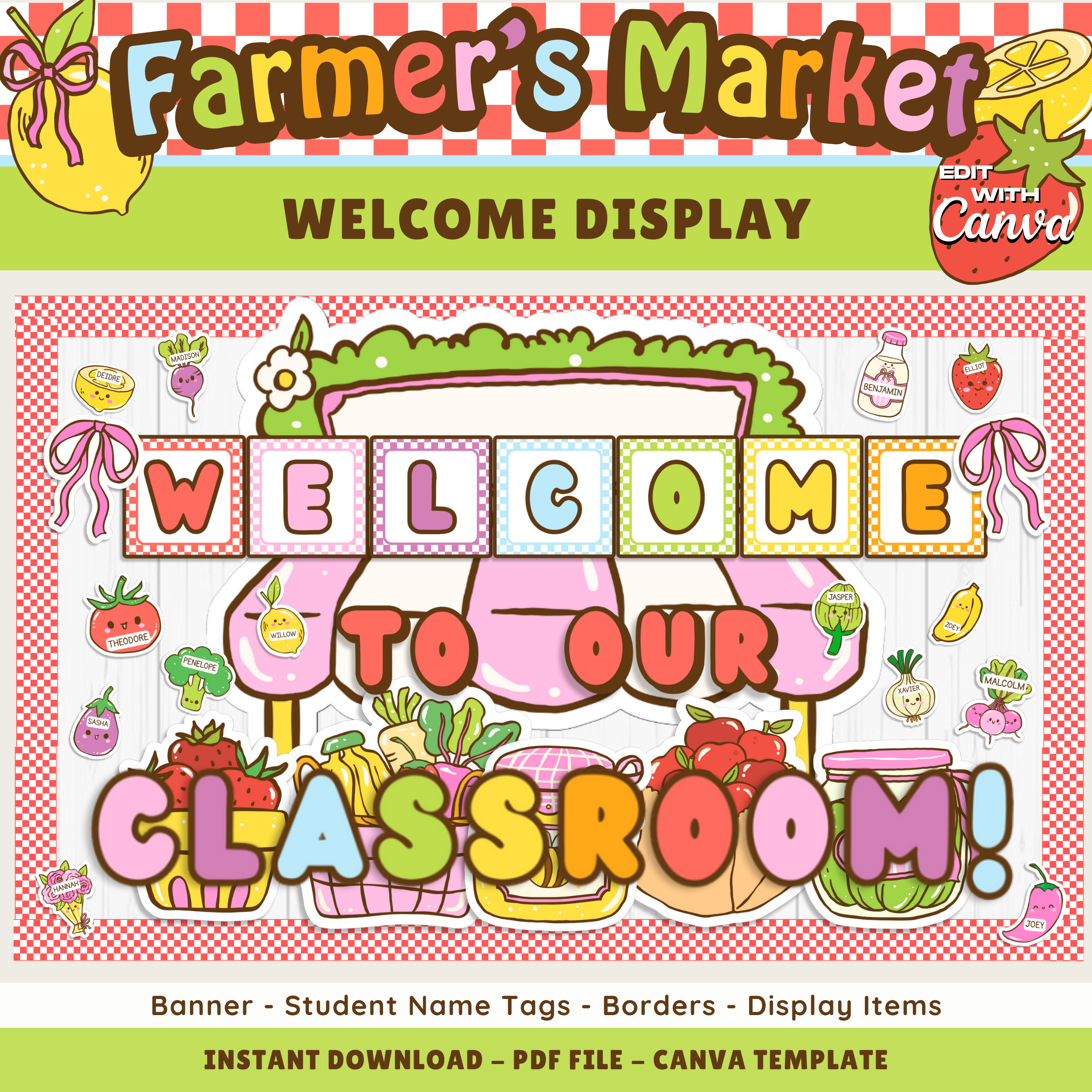 Welcome Bulletin Board Printable Display: Farmer's Market Teacher Door Kit, Editable Canva Template (Digital Download)