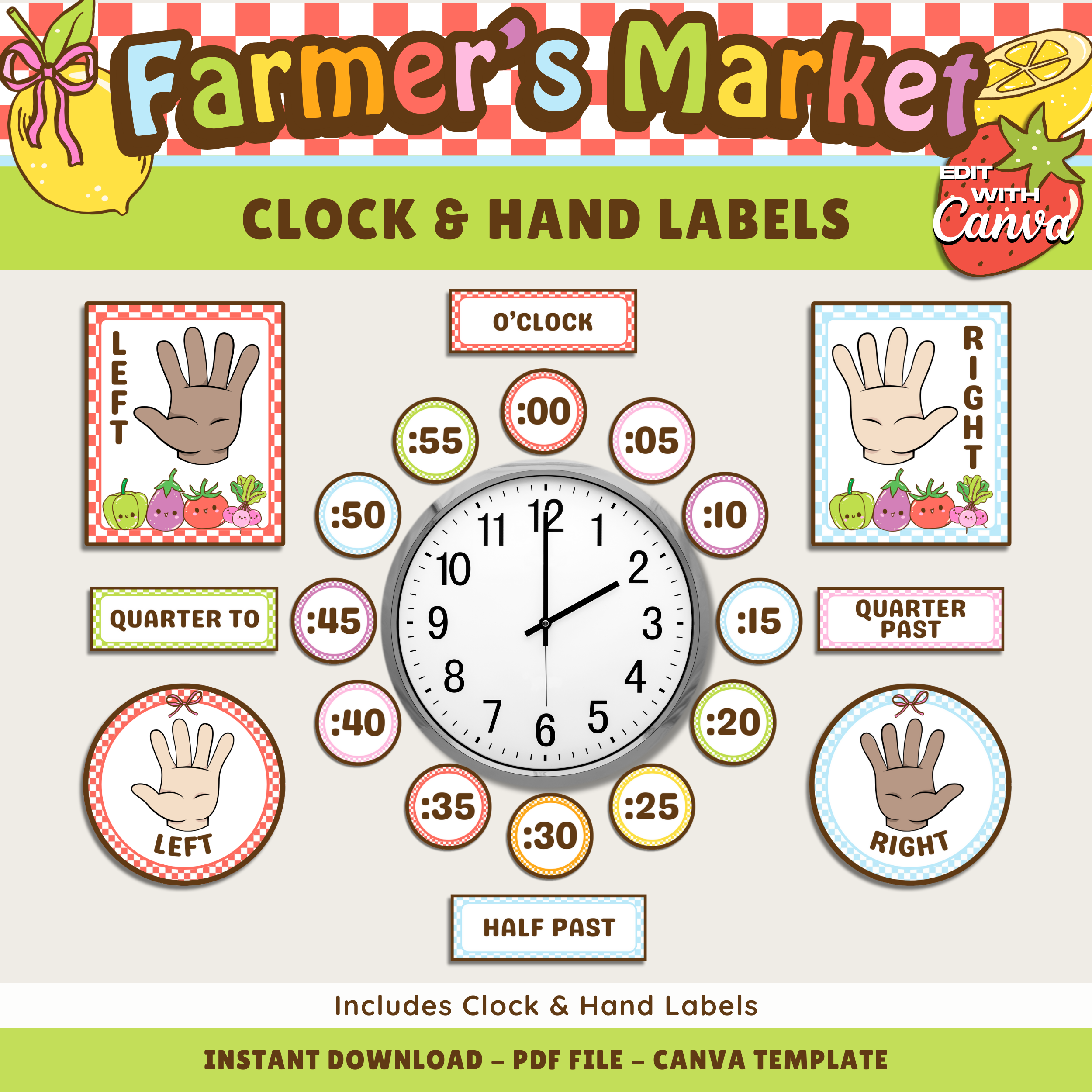 Printable Classroom Clock & Hand Labels: Farmer's Market Decor Theme, Editable Canva Template (Digital Download)
