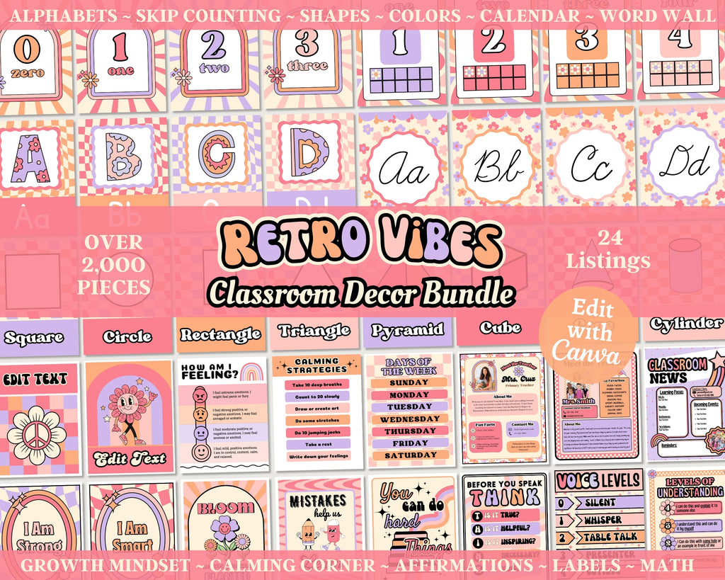 Retro Vibes Classroom Decor Bundle: Editable Teacher Templates (Canva), Pink Purple Orange Classroom Theme