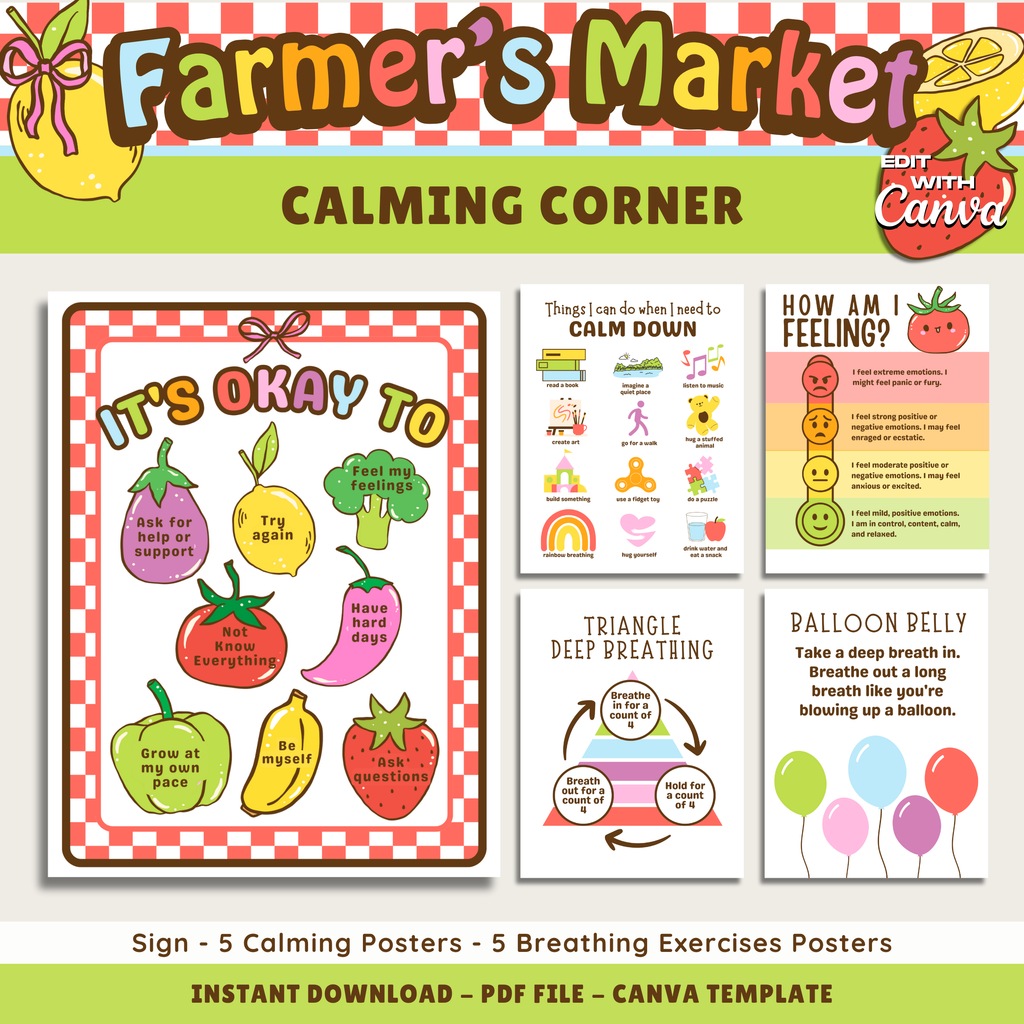 Calming Corner Posters & Breathing Techniques: Farmer's Market Decor Theme, Editable Canva Template (Digital Download)