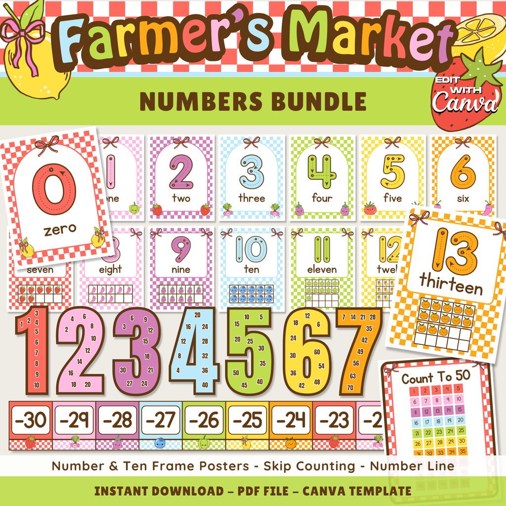 Printable Number Posters: Ten Frame, Skip Counting, Number Line, Farmer's Market Theme, Editable Canva Template