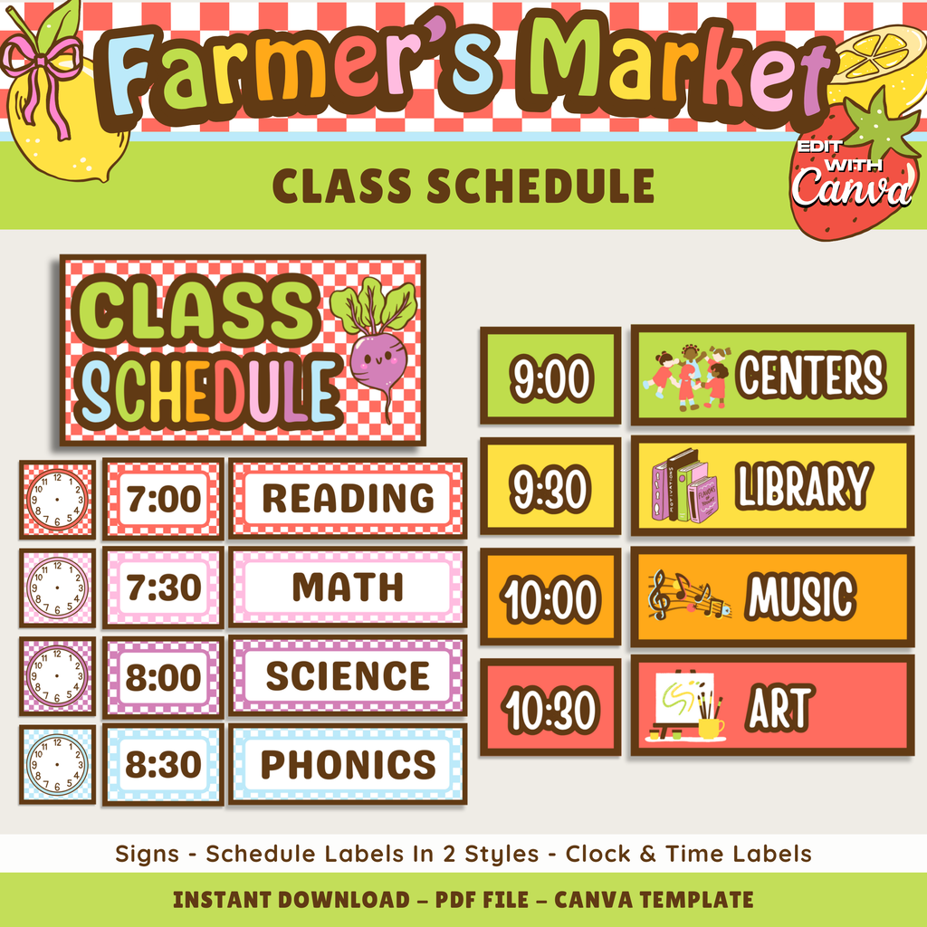 Classroom Daily Schedule Printable Display: Farmer's Market Classroom Decor Theme, Editable Template (Digital Download)