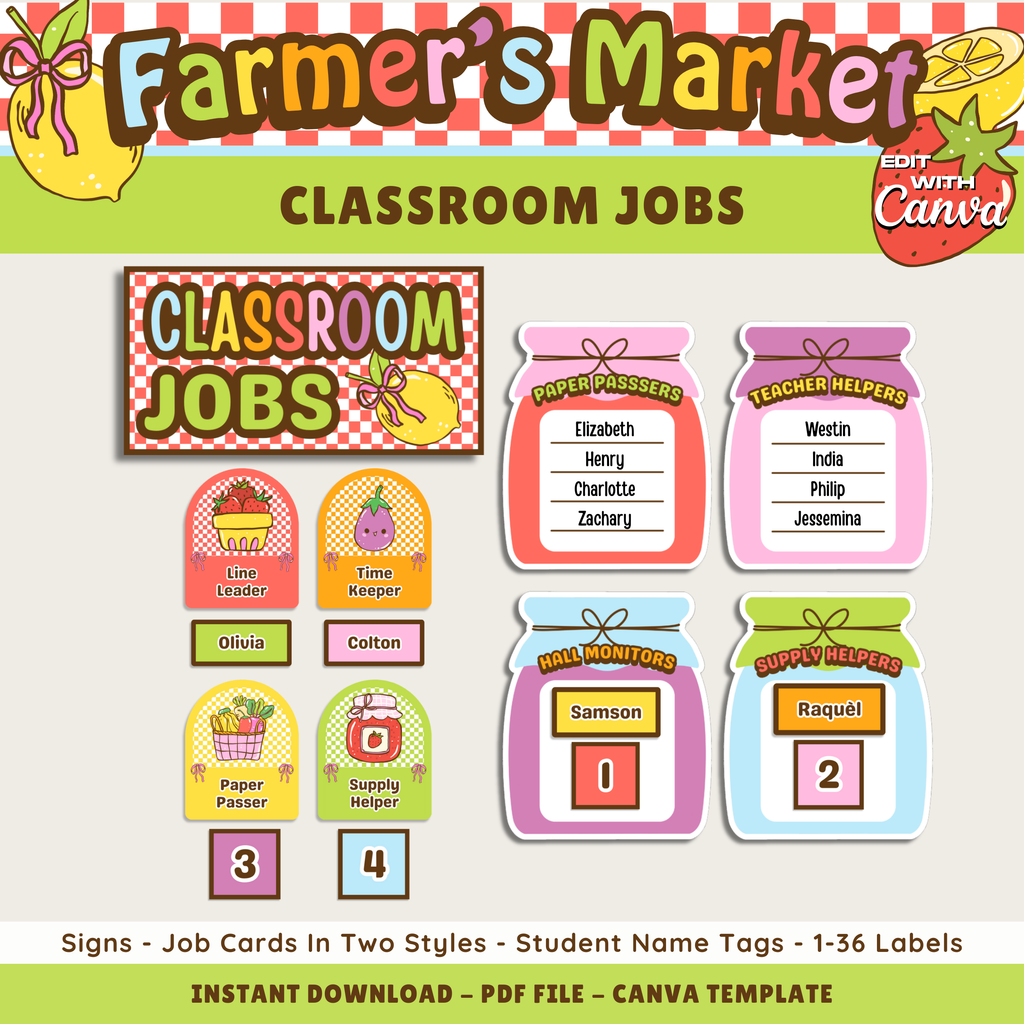 Classroom Jobs Student Helpers Printable Display: Farmer's Market Decor Theme, Editable Template (Digital Download)
