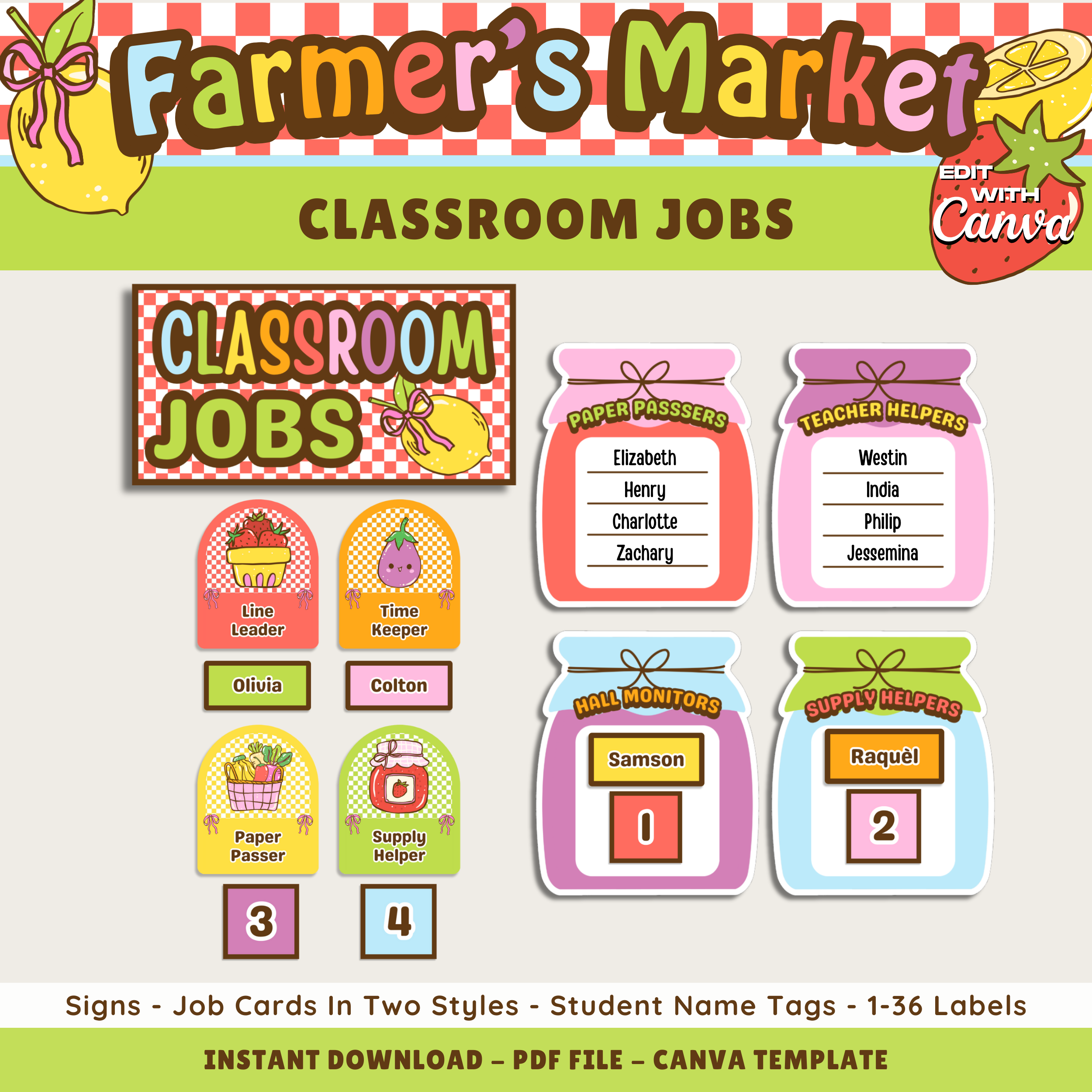 Classroom Jobs Student Helpers Printable Display: Farmer's Market Decor Theme, Editable Template (Digital Download)