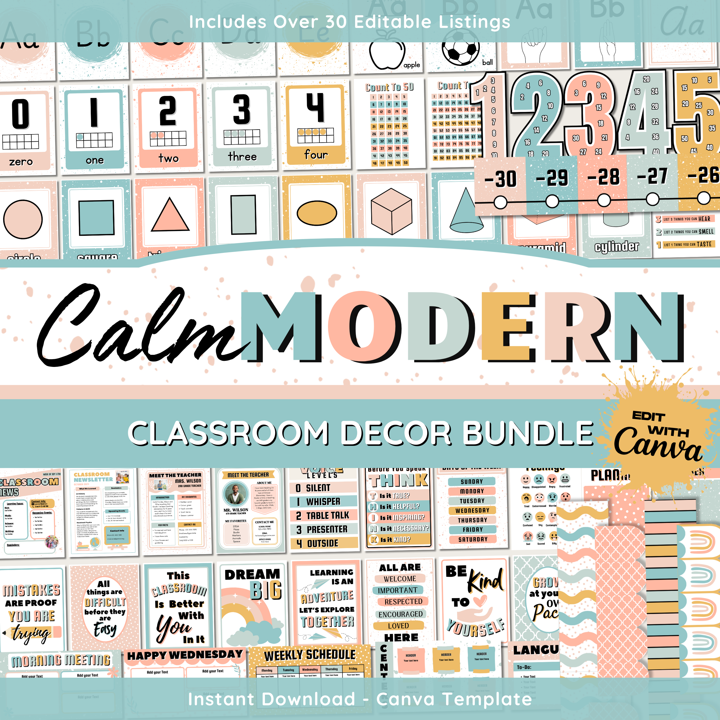 Calm Modern Classroom Decor Bundle: Simple Pastel Teacher Theme (Canva Template)