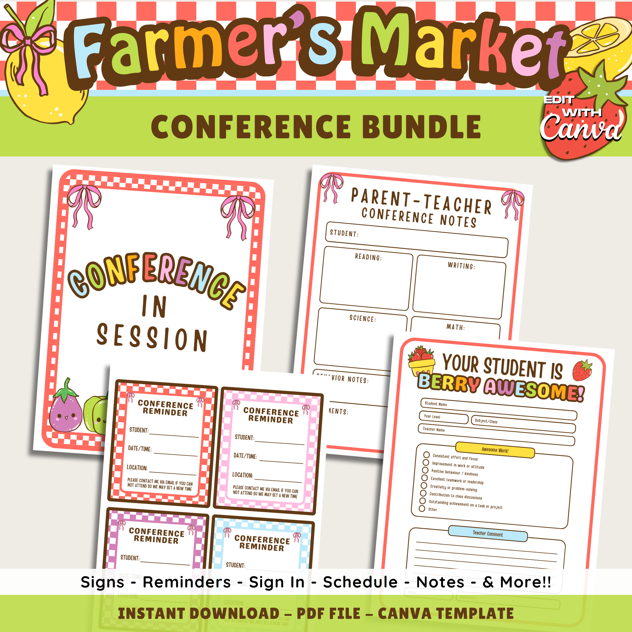 Parent Teacher Conference Documents: Farmer's Market Decor Theme, Editable Canva Template (Printable Digital Download)