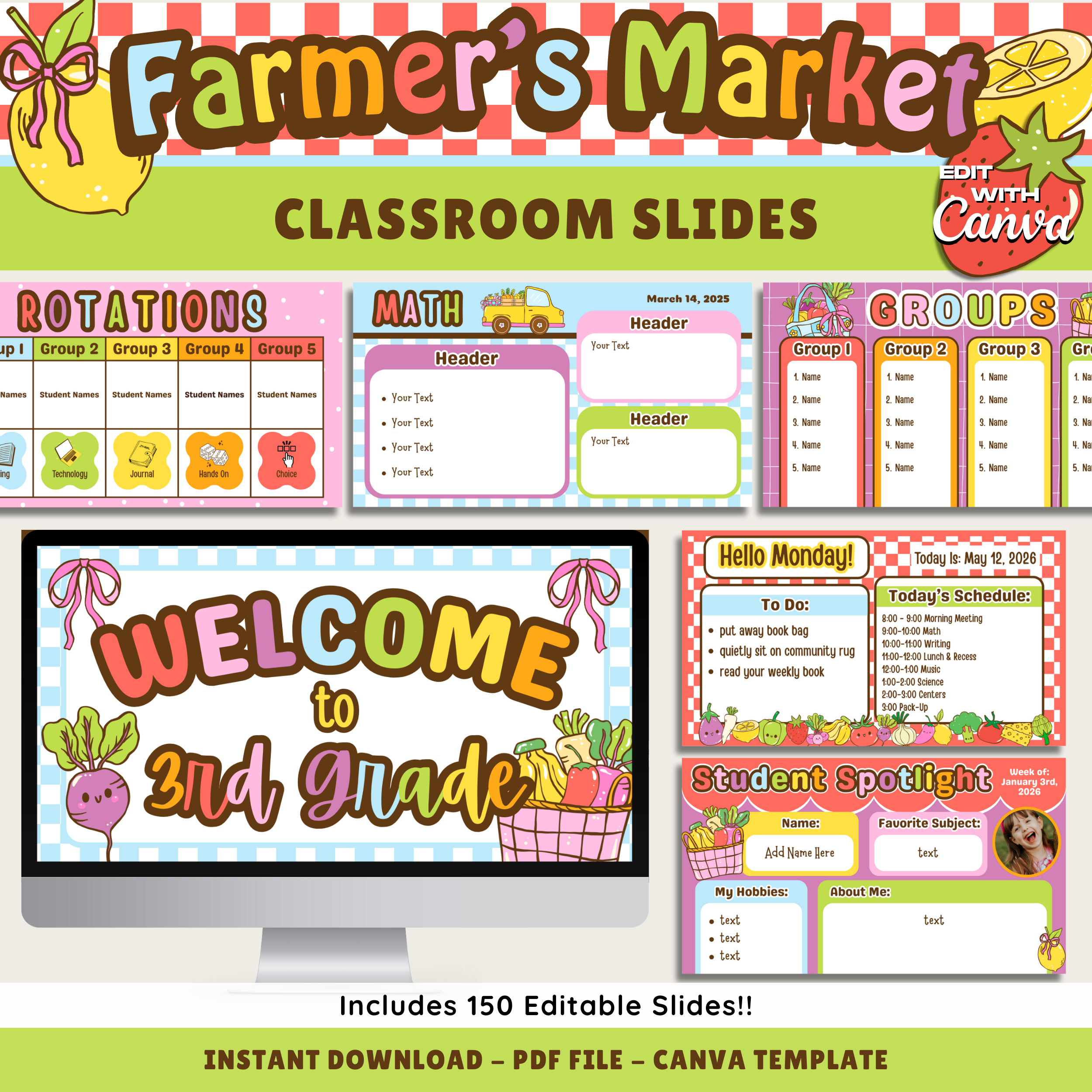Farmer's Market Editable Classroom Slides: Canva Template (Digital Download), Teacher Daily Slide Presentations