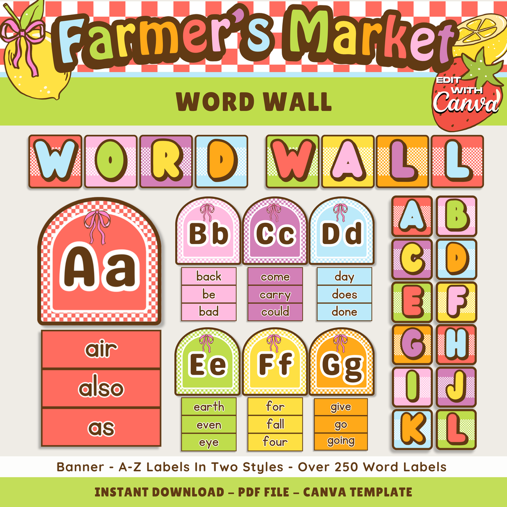 Word Wall Printable Display Kit: Sight Word Literacy, Farmer's Market Decor Theme, Editable Canva Template (Digital Download)