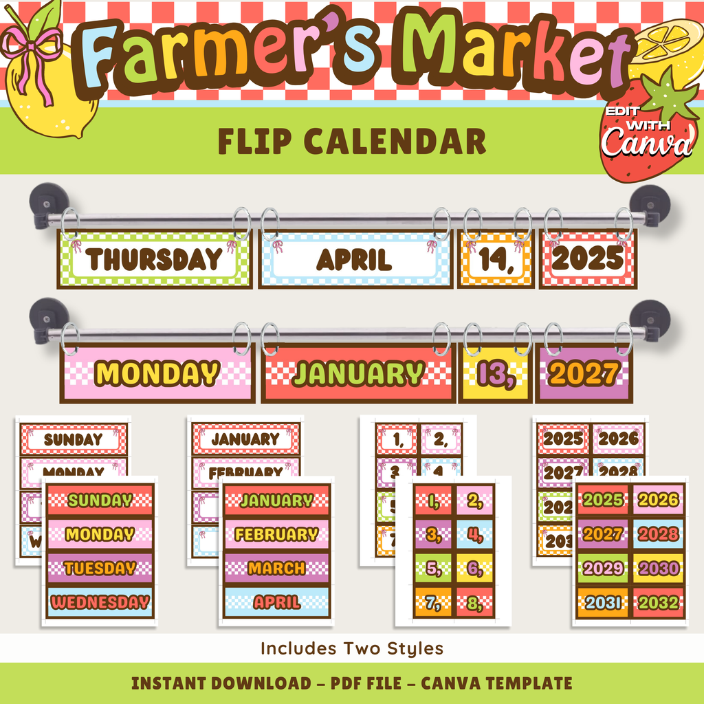 Classroom Hanging Flip Calendar: Farmer's Market Decor Theme, Editable Canva Template (Digital Download)