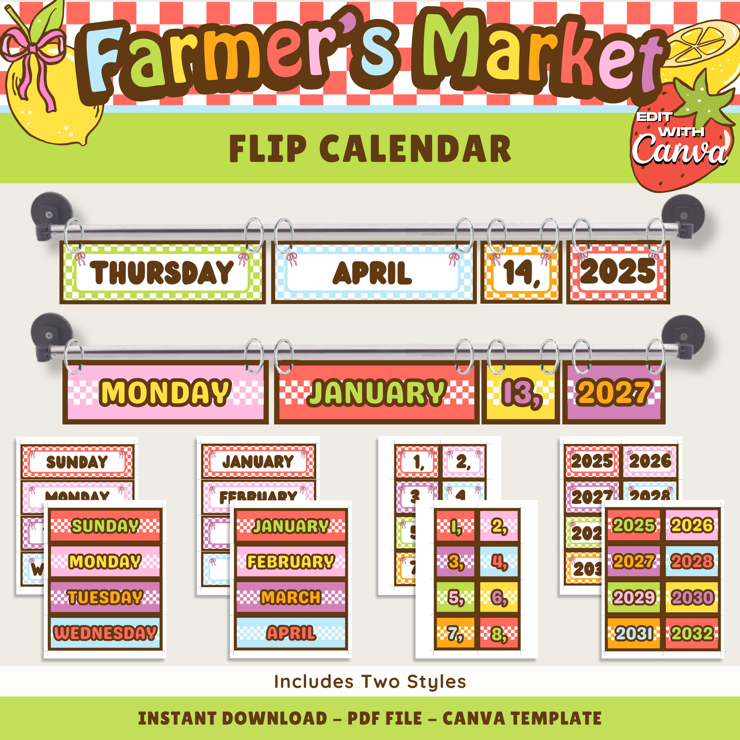 Classroom Hanging Flip Calendar: Farmer's Market Decor Theme, Editable Canva Template (Digital Download)