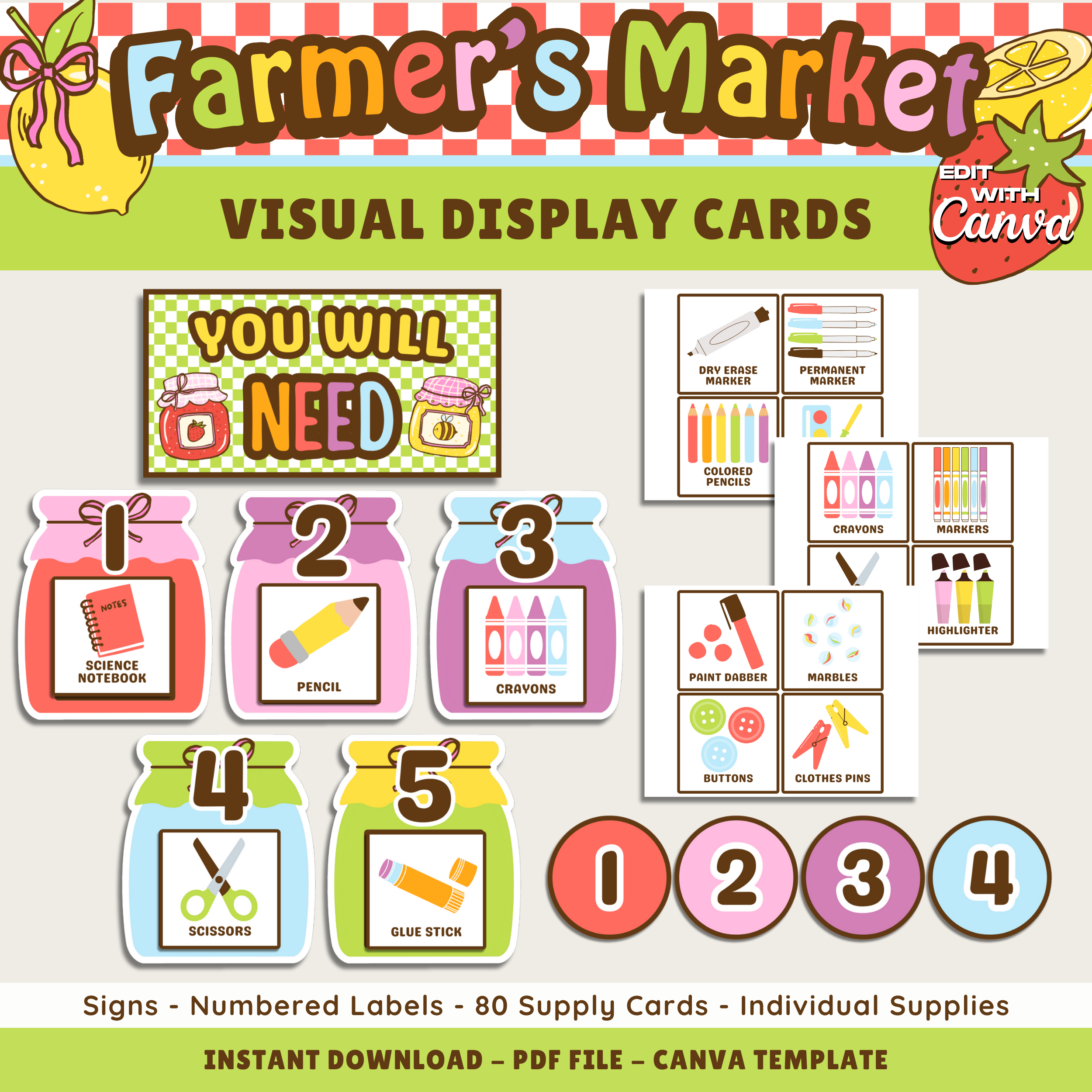 Visual Supply Cards Display: Teacher Instructional Helper, Farmer's Market Classroom Decor Theme, Editable Template (Digital Download)