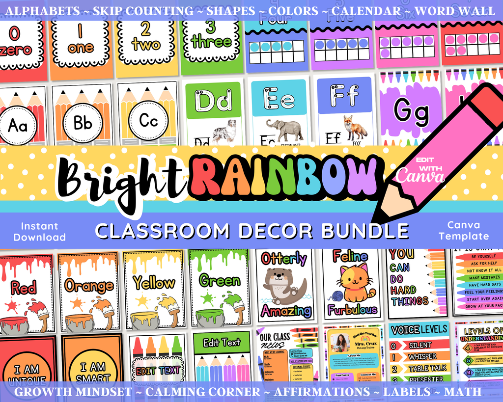 Bright Rainbow Classroom Decor Bundle: Editable Teacher Printables, School Supplies Decor Theme, Printable School Decorations, Canva Template