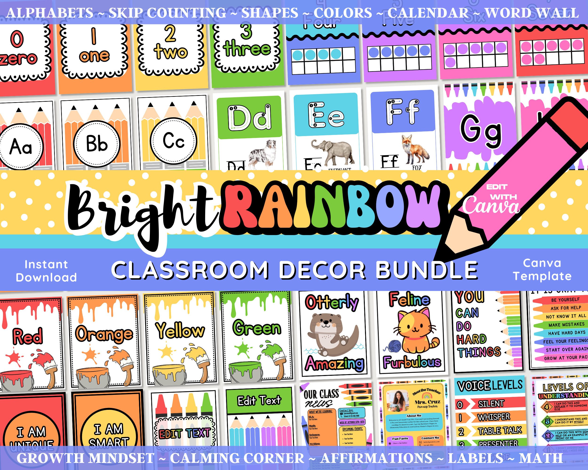Bright Rainbow Classroom Decor Bundle: Editable Teacher Printables, School Supplies Decor Theme, Printable School Decorations, Canva Template