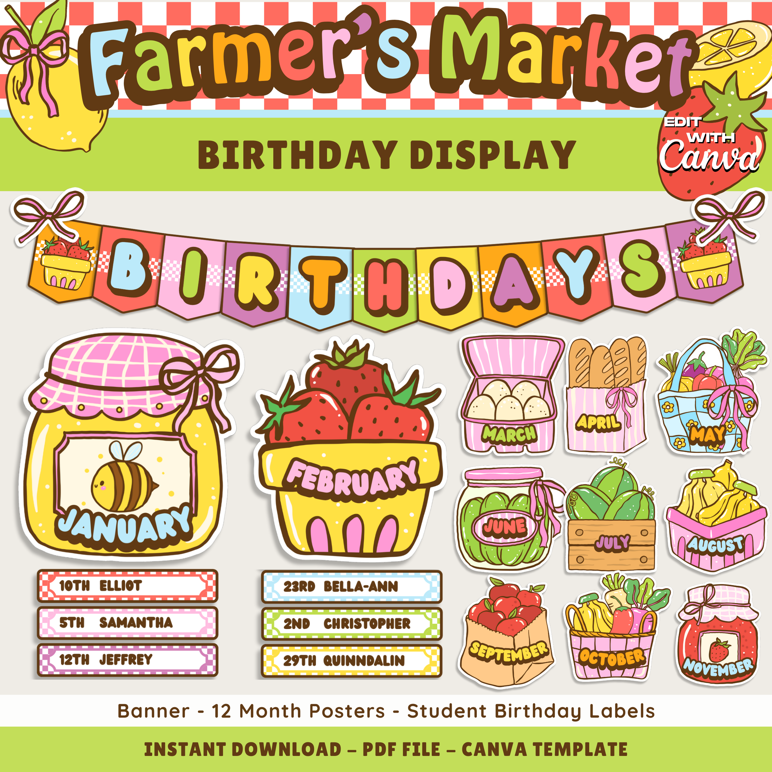 Birthday Bulletin Board Display: Farmer's Market Classroom Decor Theme, Editable Canva Template (Digital Download)