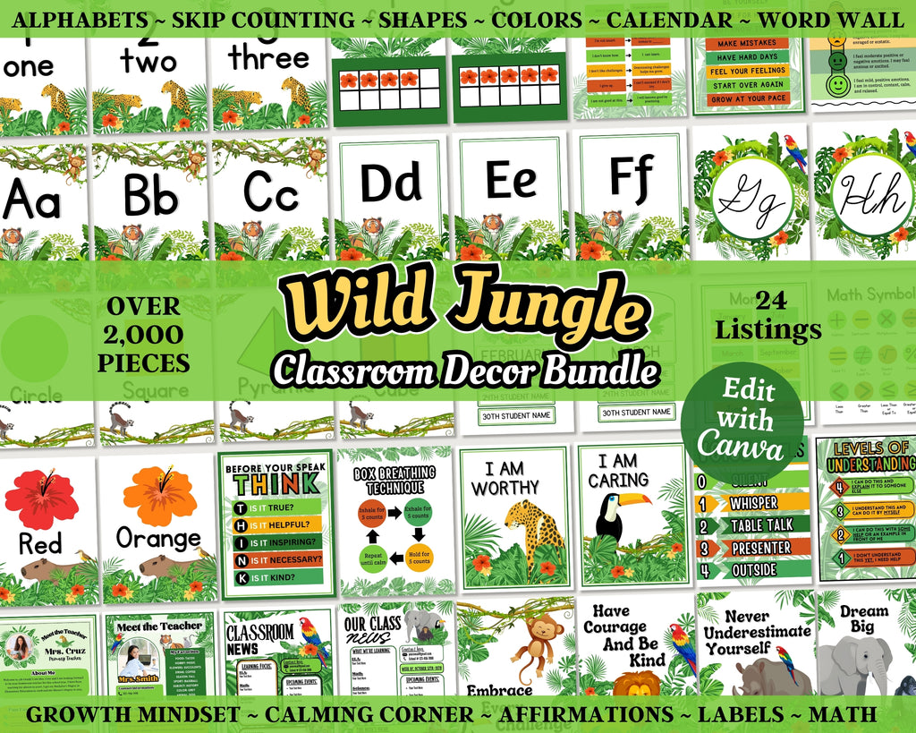 Jungle Animals Classroom Decor Bundle Theme: Printable Editable Canva Templates, Digital Download