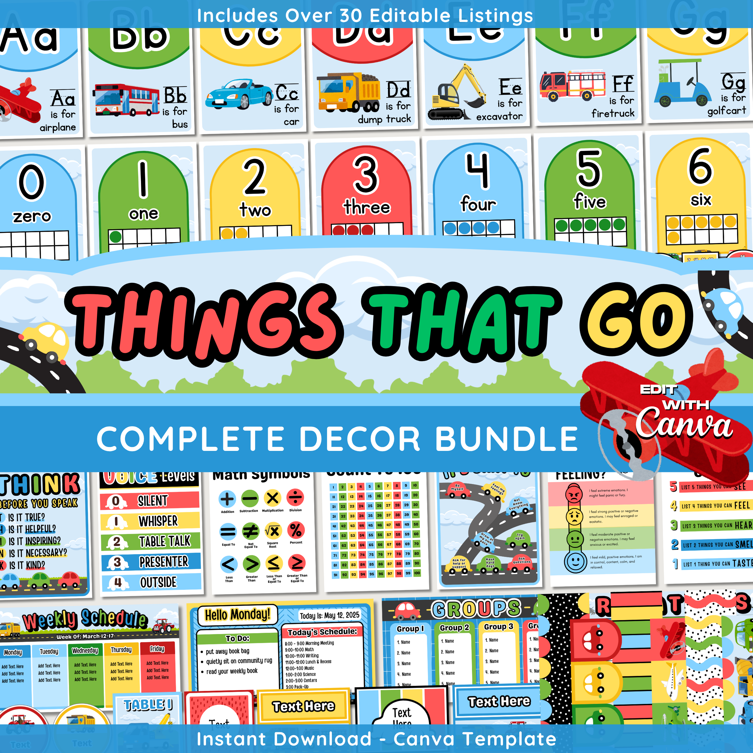 Transportation Classroom Decor Bundle: Vehicles Things That Go Display Theme, Editable Canva Template, Printable Digital Download