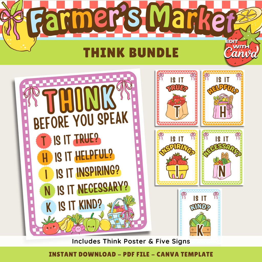 Think Before You Speak Classroom Posters: Farmer's Market Decor Theme, Editable Canva Template (Digital Download)
