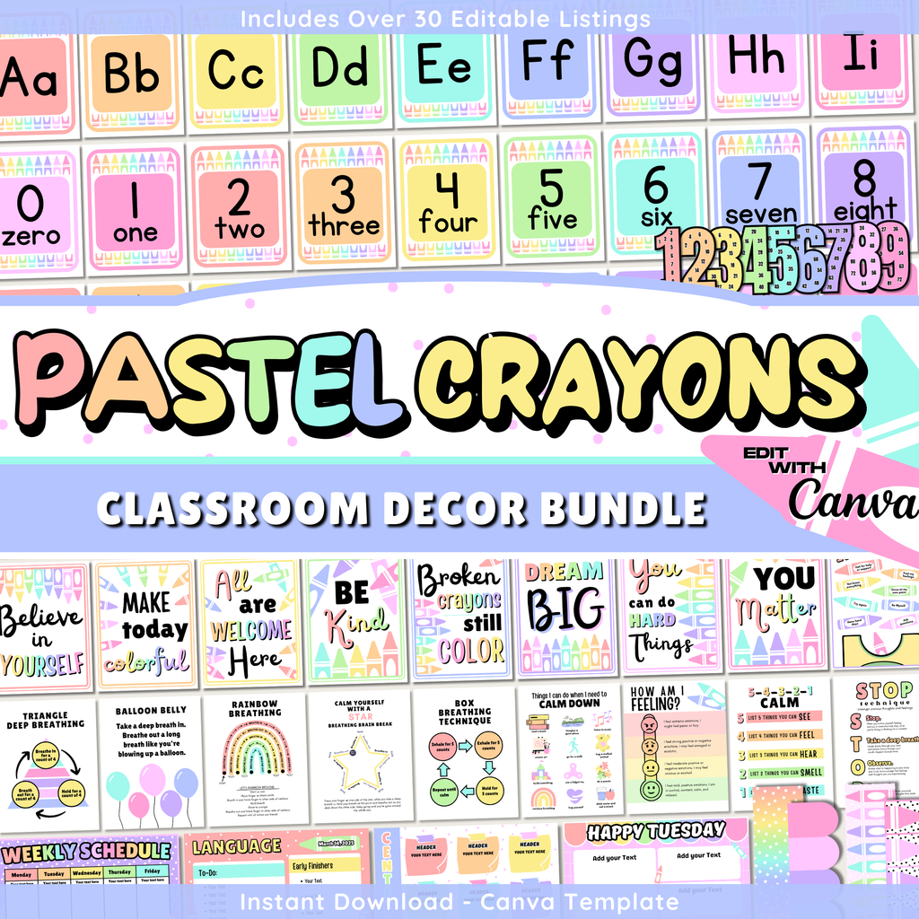 Pastel Rainbow Crayon Classroom Decor Kit: Editable Teacher Theme (Canva Template Digital Download), Printable Teacher Decor