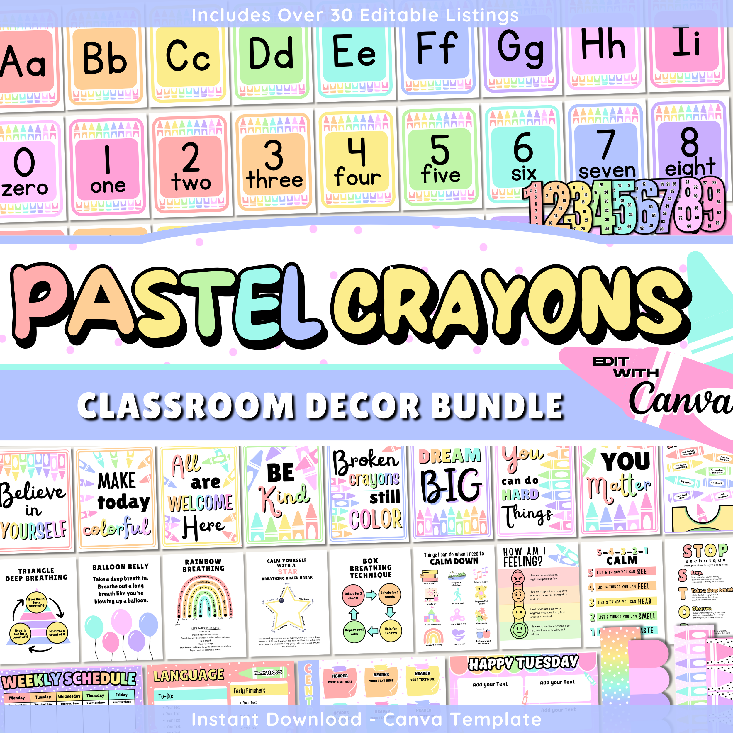 Pastel Rainbow Crayon Classroom Decor Kit: Editable Teacher Theme (Canva Template Digital Download), Printable Teacher Decor