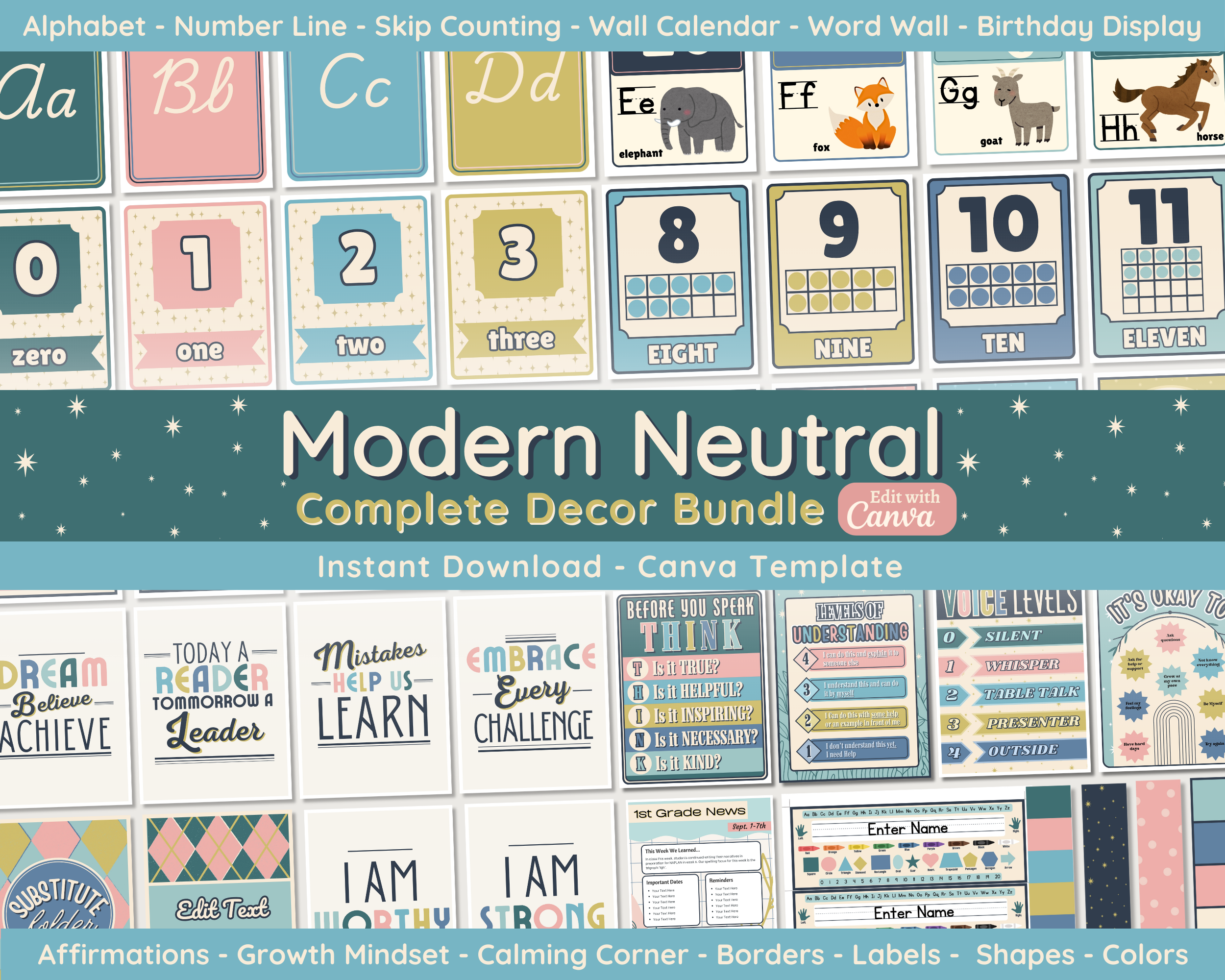 Neutral Simplistic Classroom Decor Bundle: Modern Printable Collection (Canva Template)