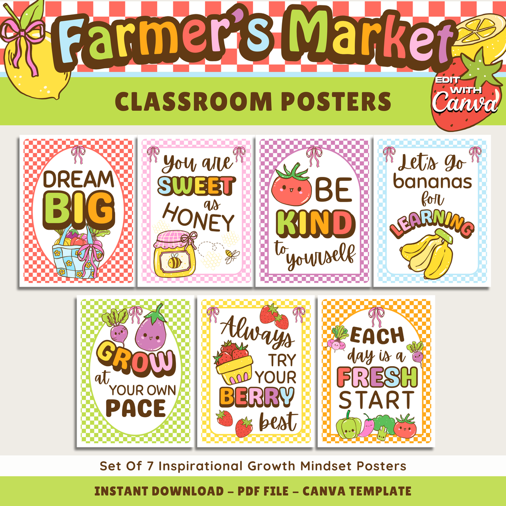 Inspirational Growth Mindset Printable Classroom Posters: Farmer's Market Classroom Decor Theme, Editable Template (Digital Download)
