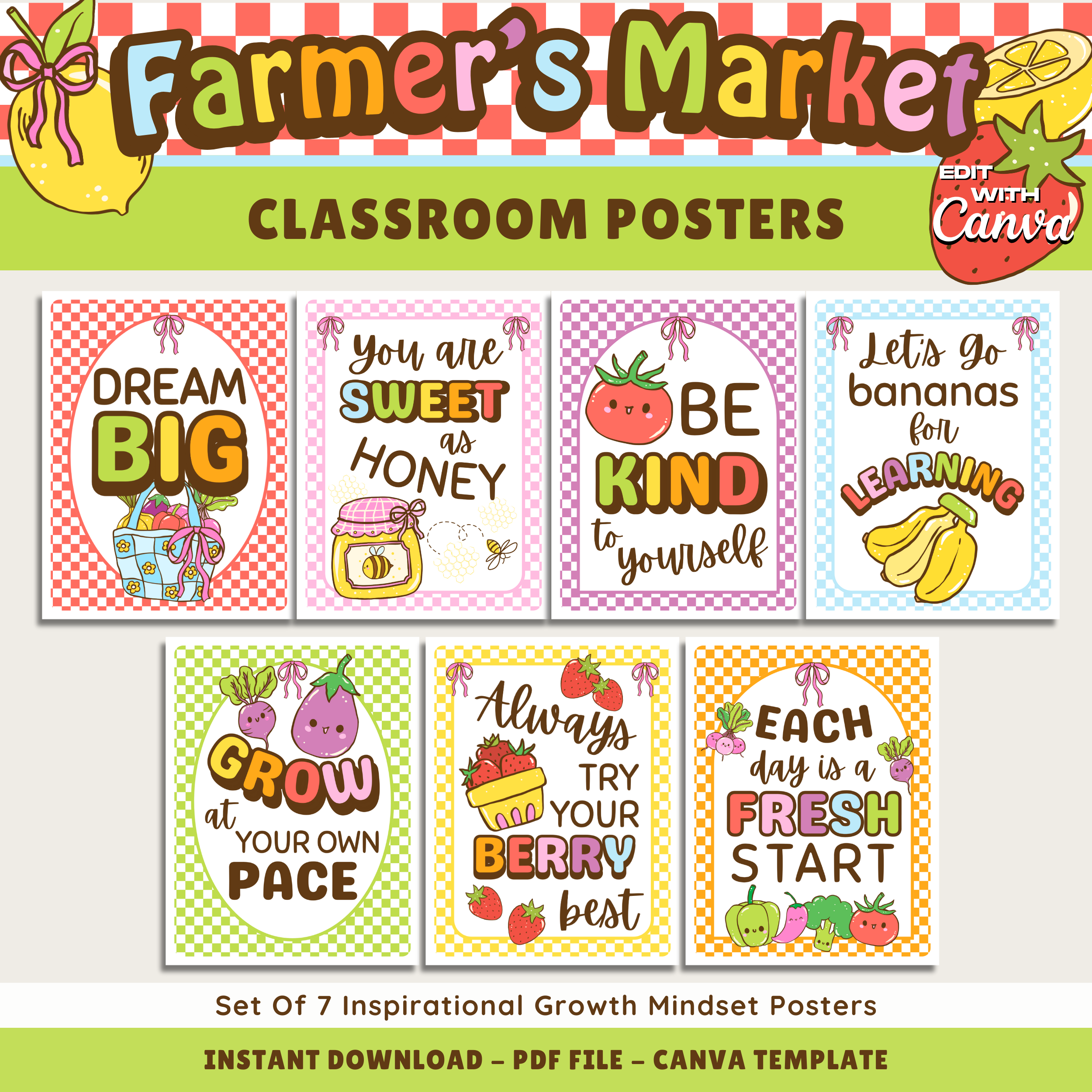 Inspirational Growth Mindset Printable Classroom Posters: Farmer's Market Classroom Decor Theme, Editable Template (Digital Download)