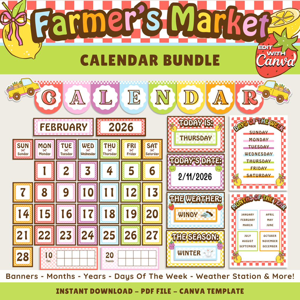 Elementary Printable Calendar Bulletin Board Bundle: Farmer's Market Classroom Decor Theme, Editable Canva Template