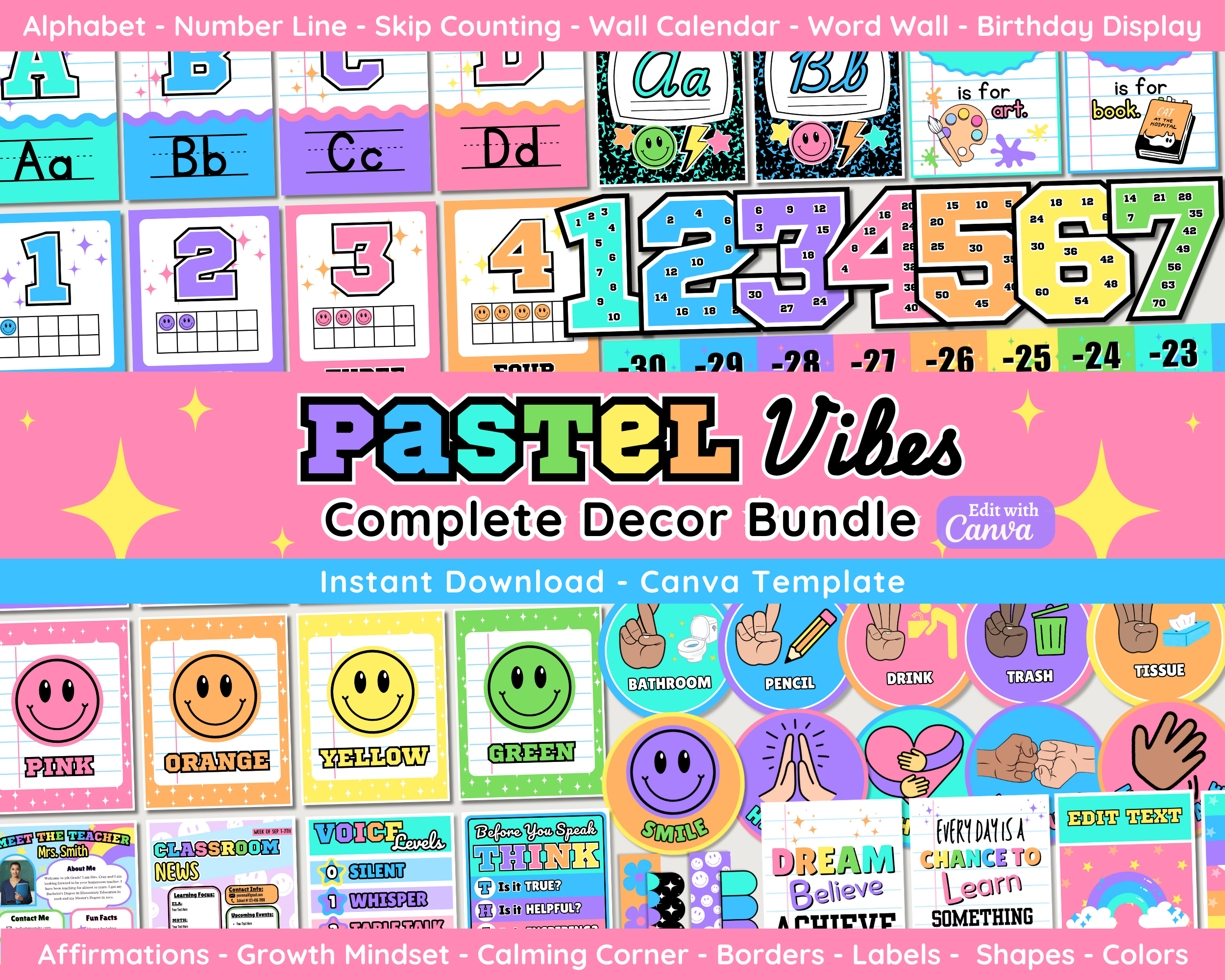 Pastel Happy Sports Classroom Decor Bundle Theme: Editable Printable Displays & Teacher Organizational Materials (Canva Digital Download)