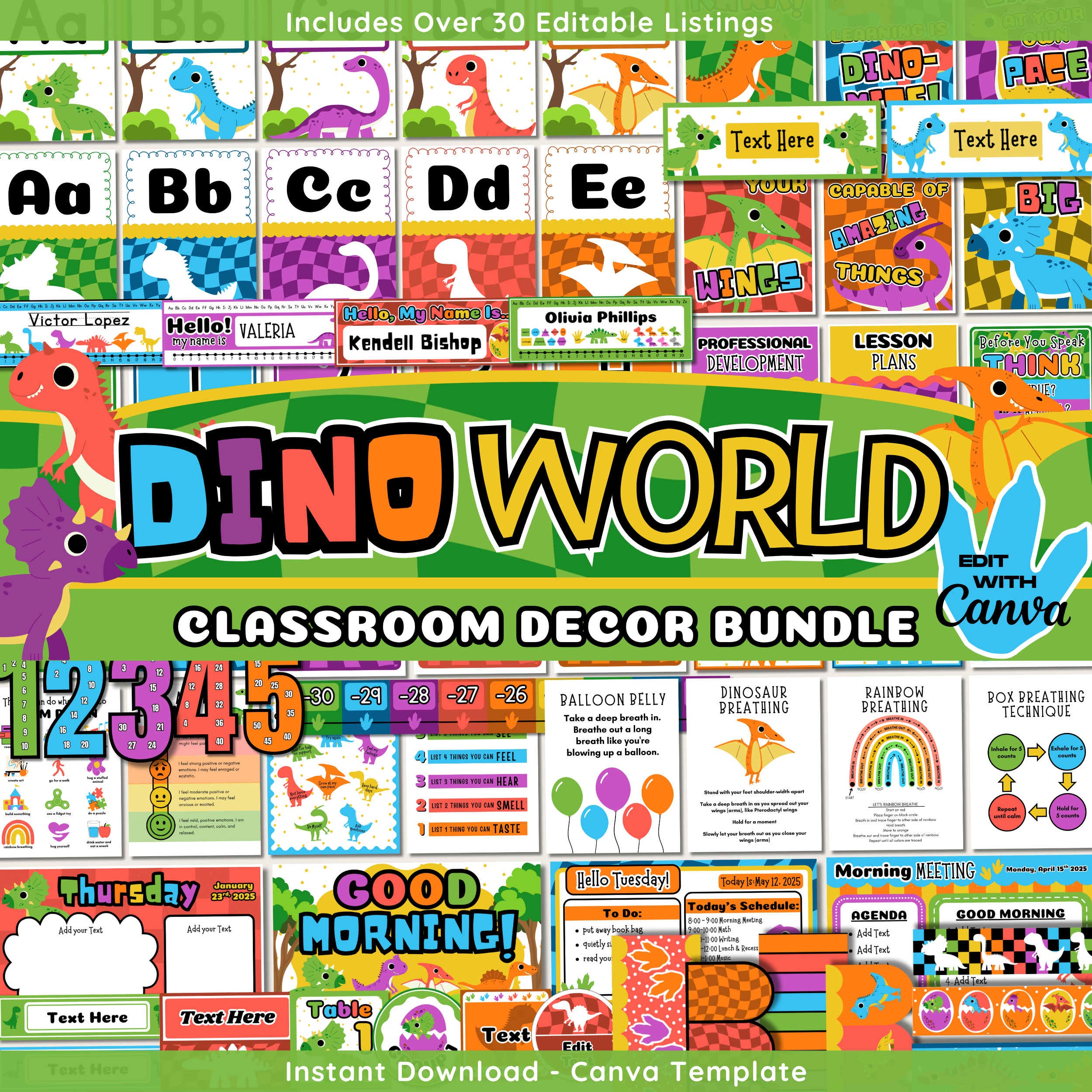 Dinosaur Classroom Decor Set: Editable Teacher Organization (Canva Template Digital Download), Bright Bold Dino Theme