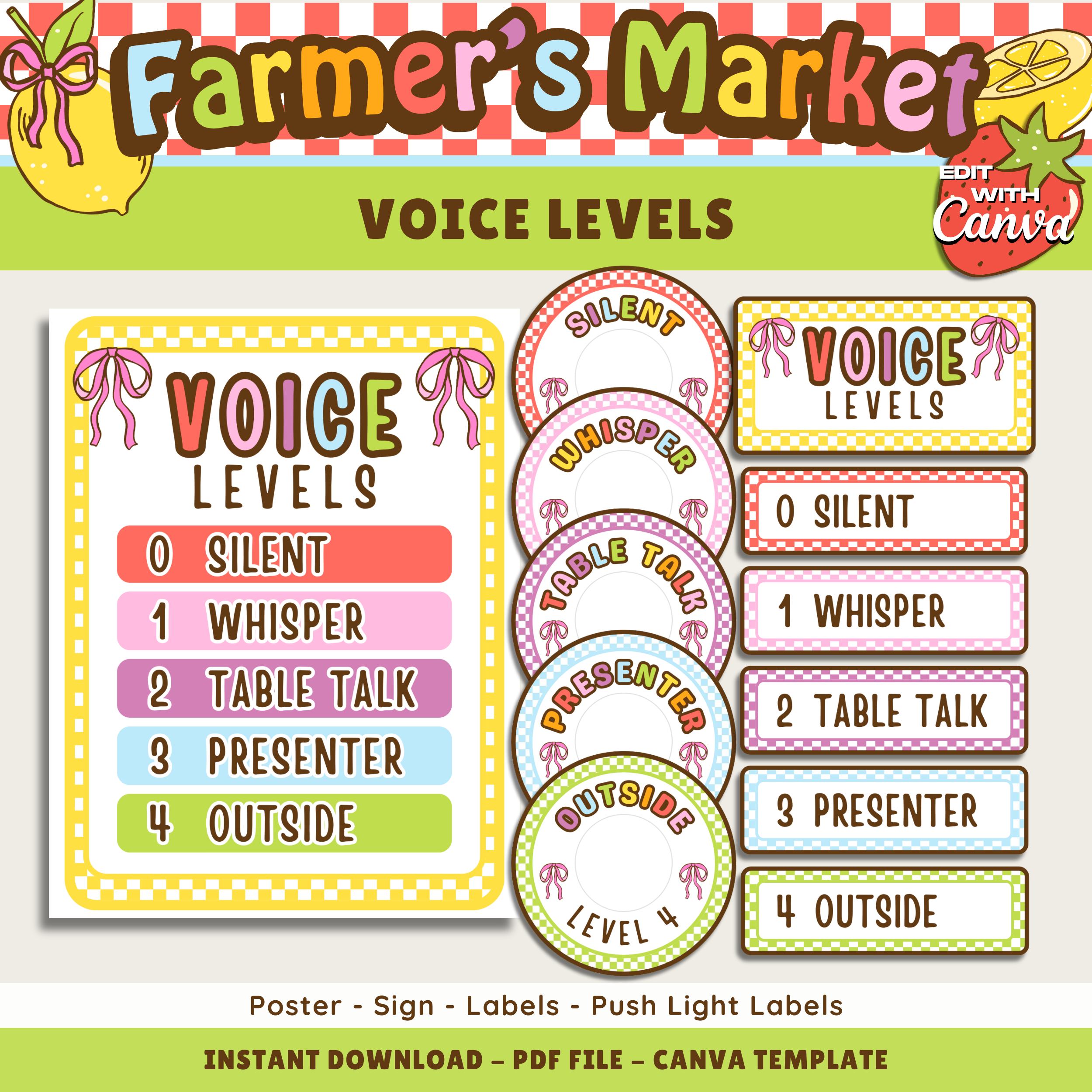 Voice Levels Classroom Display Kit: Farmer's Market Decor Theme, Editable Canva Template (Digital Download)