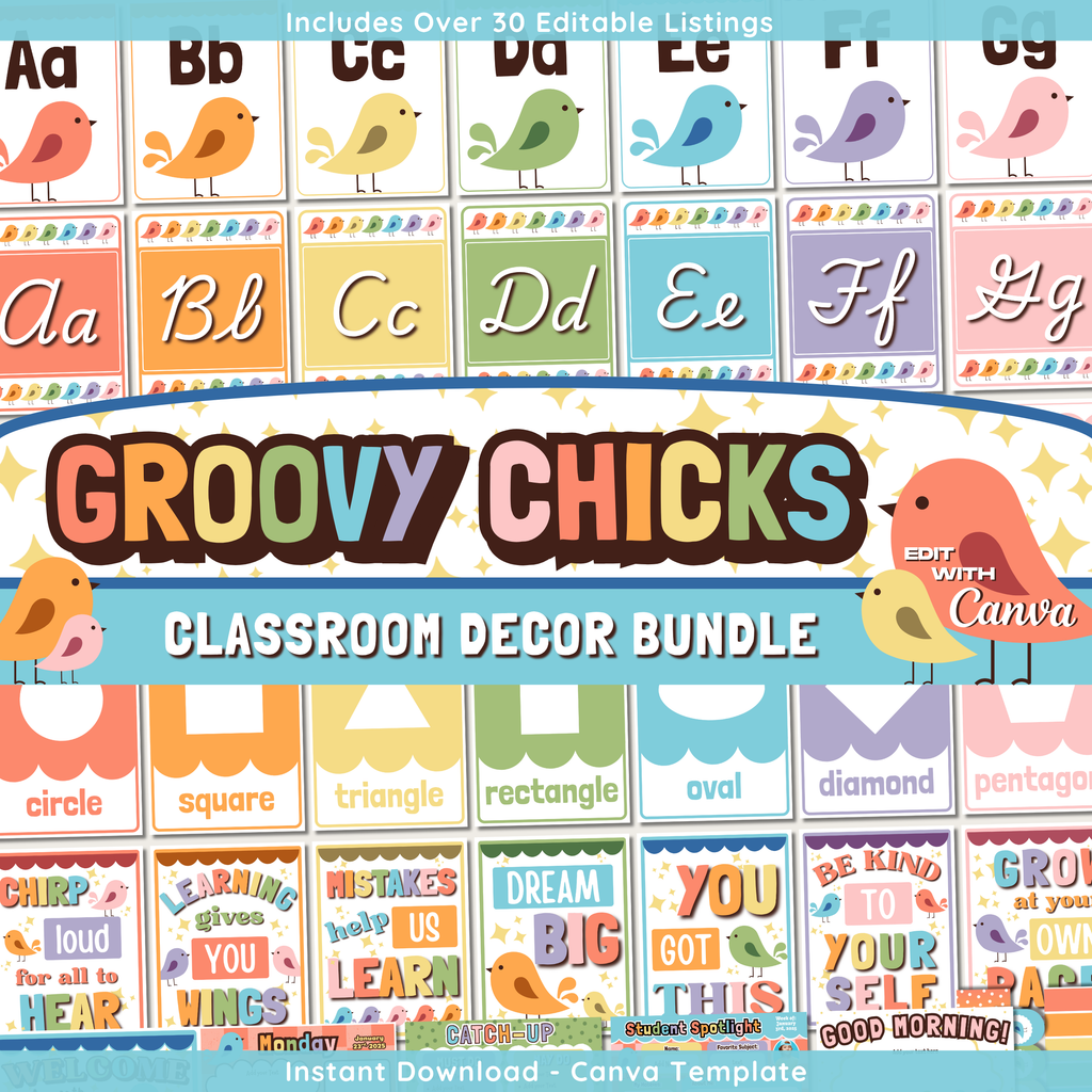 Retro Groovy Chicks Classroom Decor Bundle Theme: Editable Teacher Canva Templates, Printable Digital Download