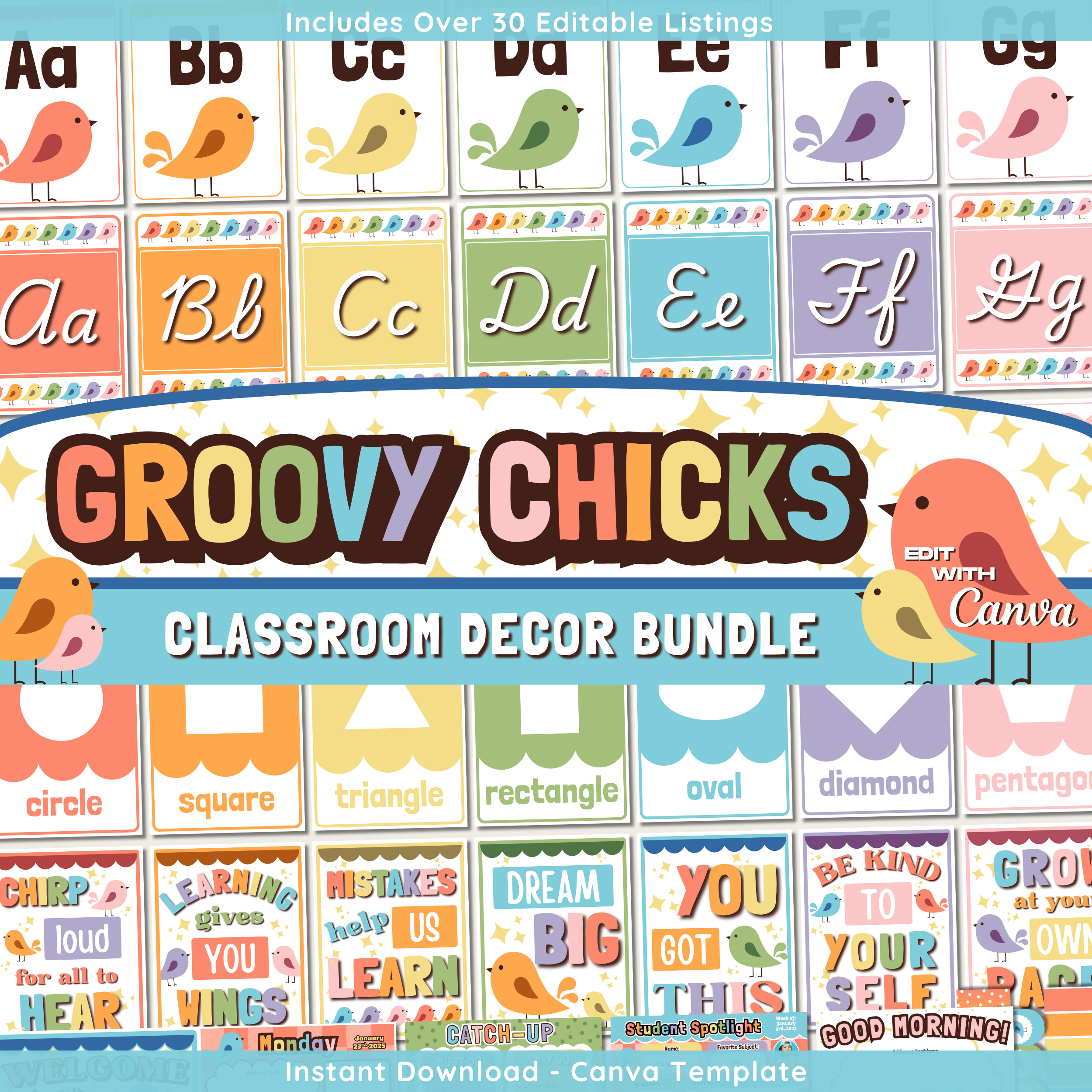 Retro Groovy Chicks Classroom Decor Bundle Theme: Editable Teacher Canva Templates, Printable Digital Download